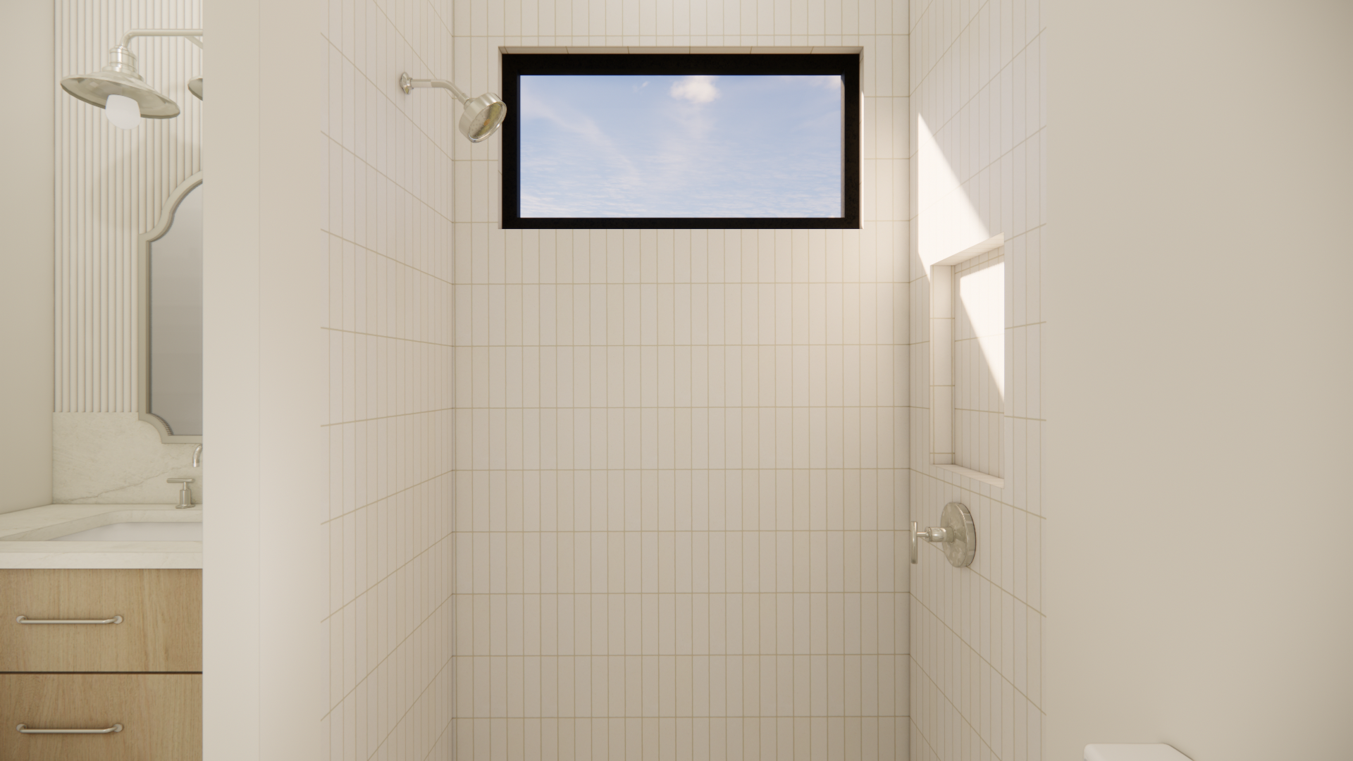  Modern Zen pool bath with clean-lined vanity, natural textures, soft neutral tile, and spa-inspired finishes in new construction home.