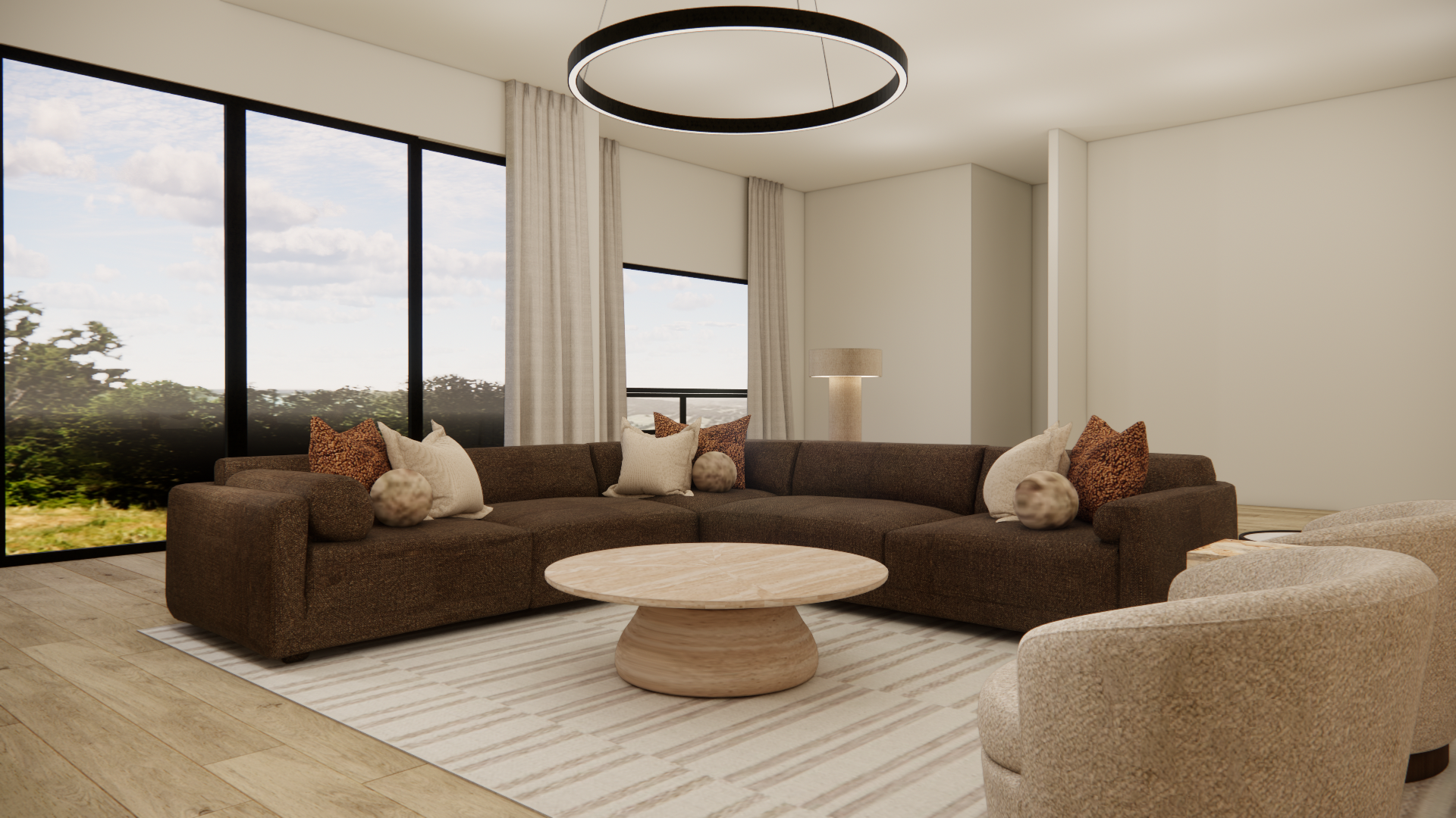  Modern Zen new build living room featuring neutral tones, minimalist furniture, soft textures, and balanced natural light for a serene contemporary atmosphere