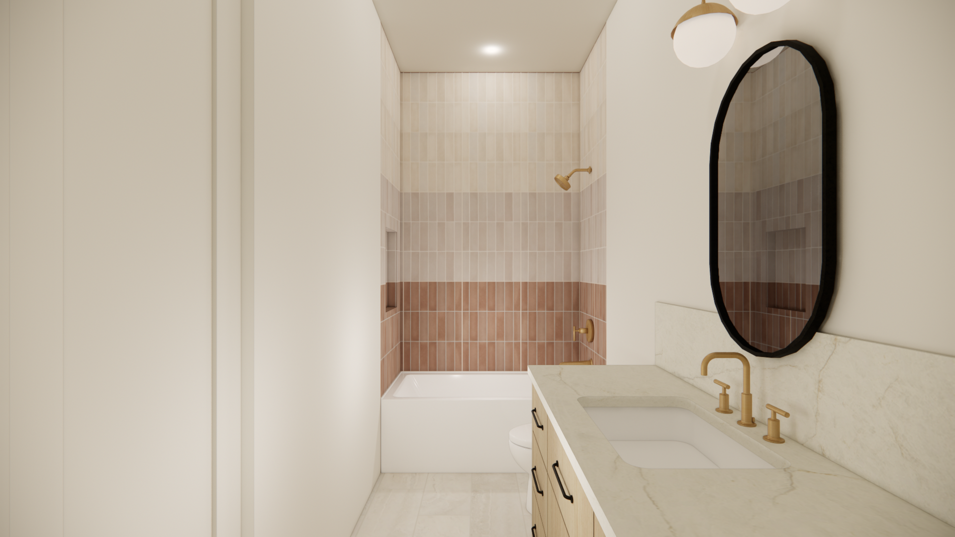  Modern Zen kids bathroom featuring simple tile work, warm wood accents, and functional storage within a calm minimalist design.