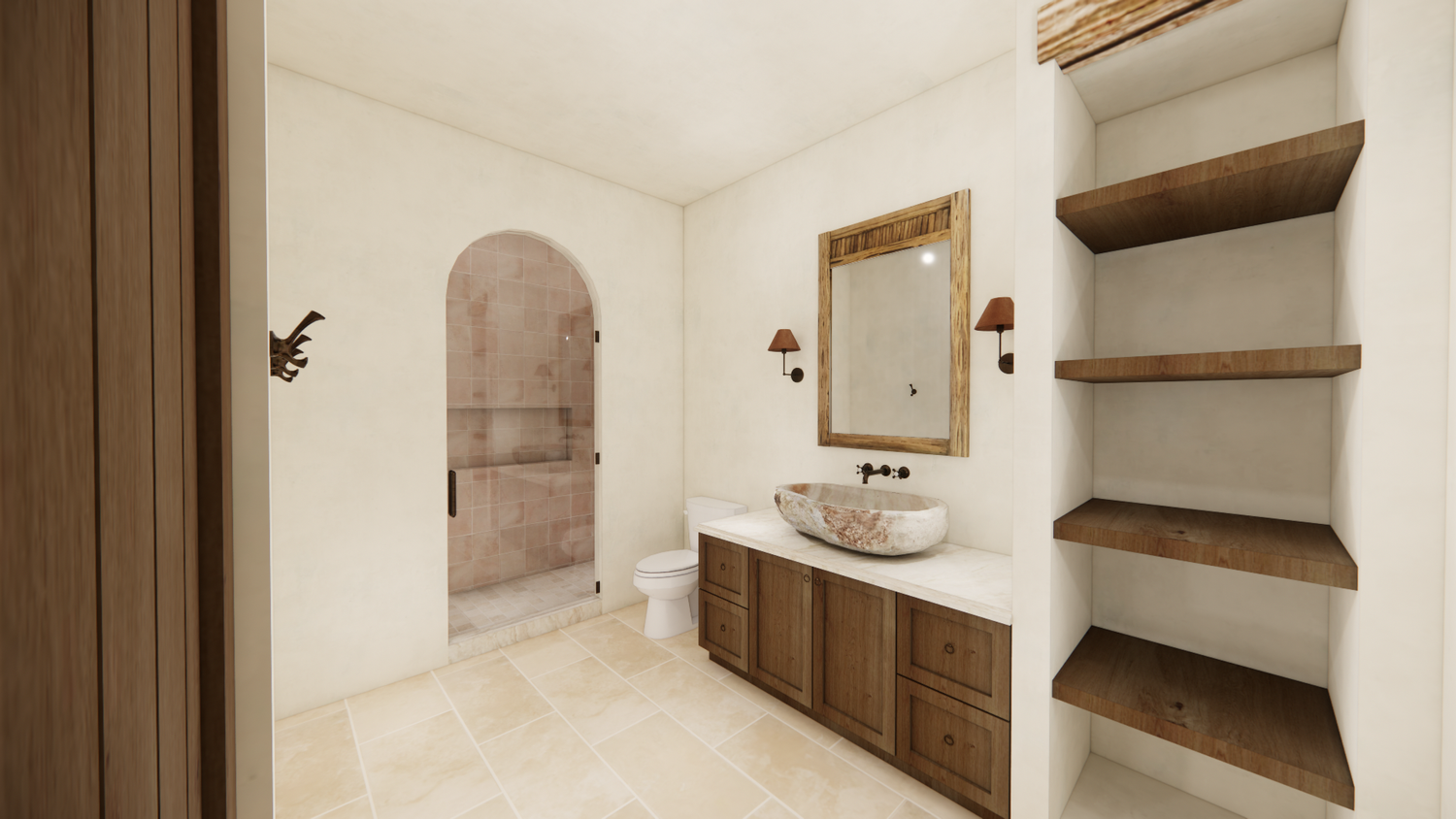 Walk-in shower with textured plaster and aged bronze fixtures