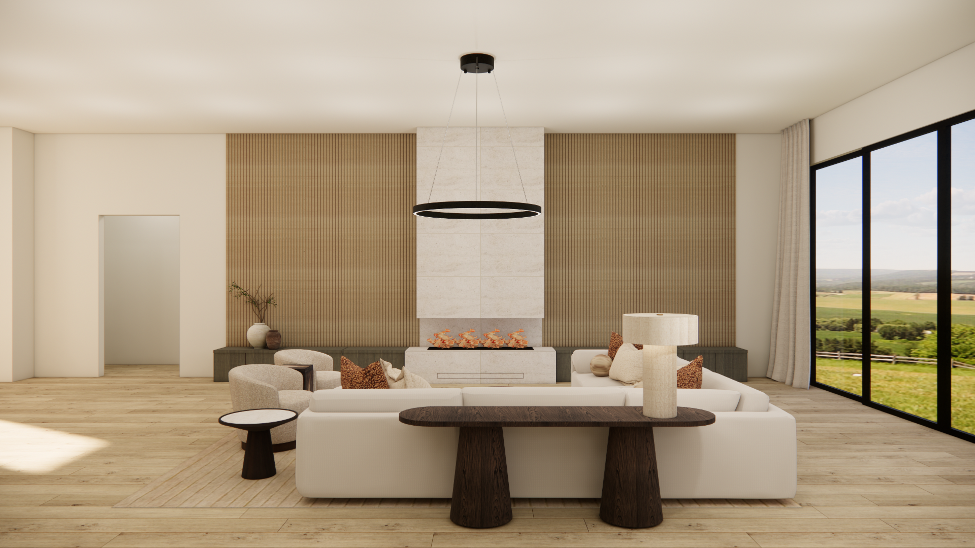  Modern Zen new build living room featuring neutral tones, minimalist furniture, soft textures, and balanced natural light for a serene contemporary atmosphere