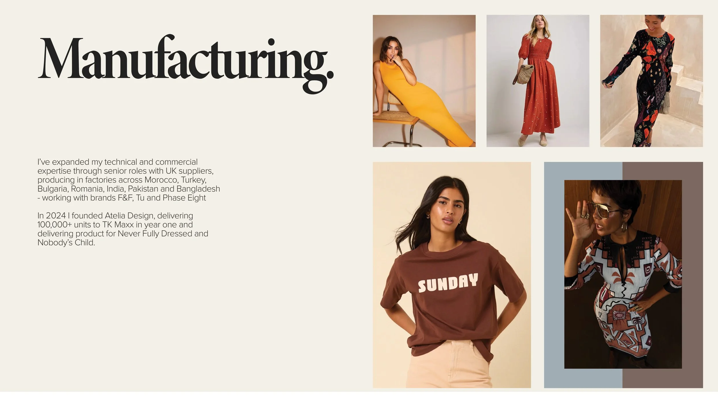 Collage of five models wearing various fashion outfits, including a yellow dress, red dress, patterned jumpsuit, brown t-shirt with 'SUNDAY' written on it, and a multicolored patterned dress, alongside a block of text about manufacturing and design a