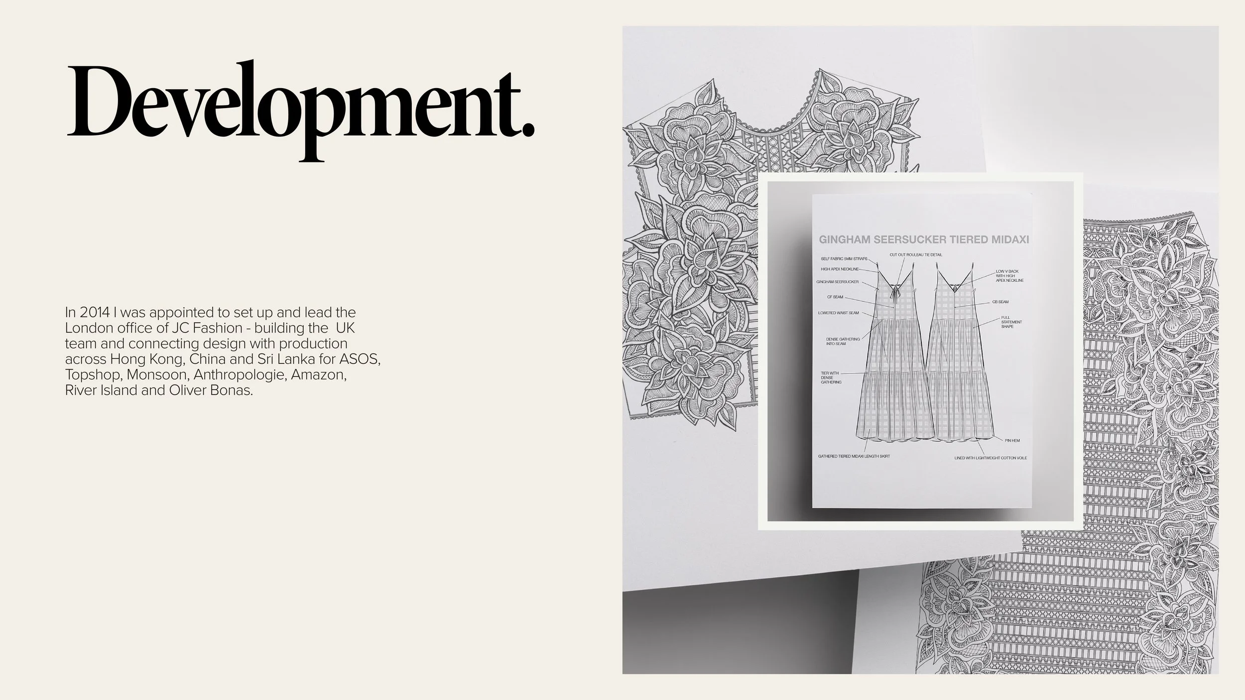 Page showcasing a clothing design project with text description and a technical sketch of a tiered midi dress, surrounded by detailed floral patterns.