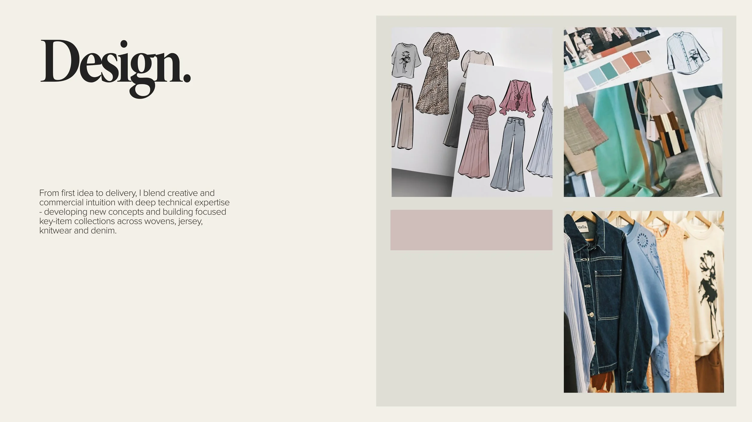 Collage of fashion design sketches, fabric swatches, and clothing hangers with various garments, including dresses, shirts, and pants, in a designer's workspace.