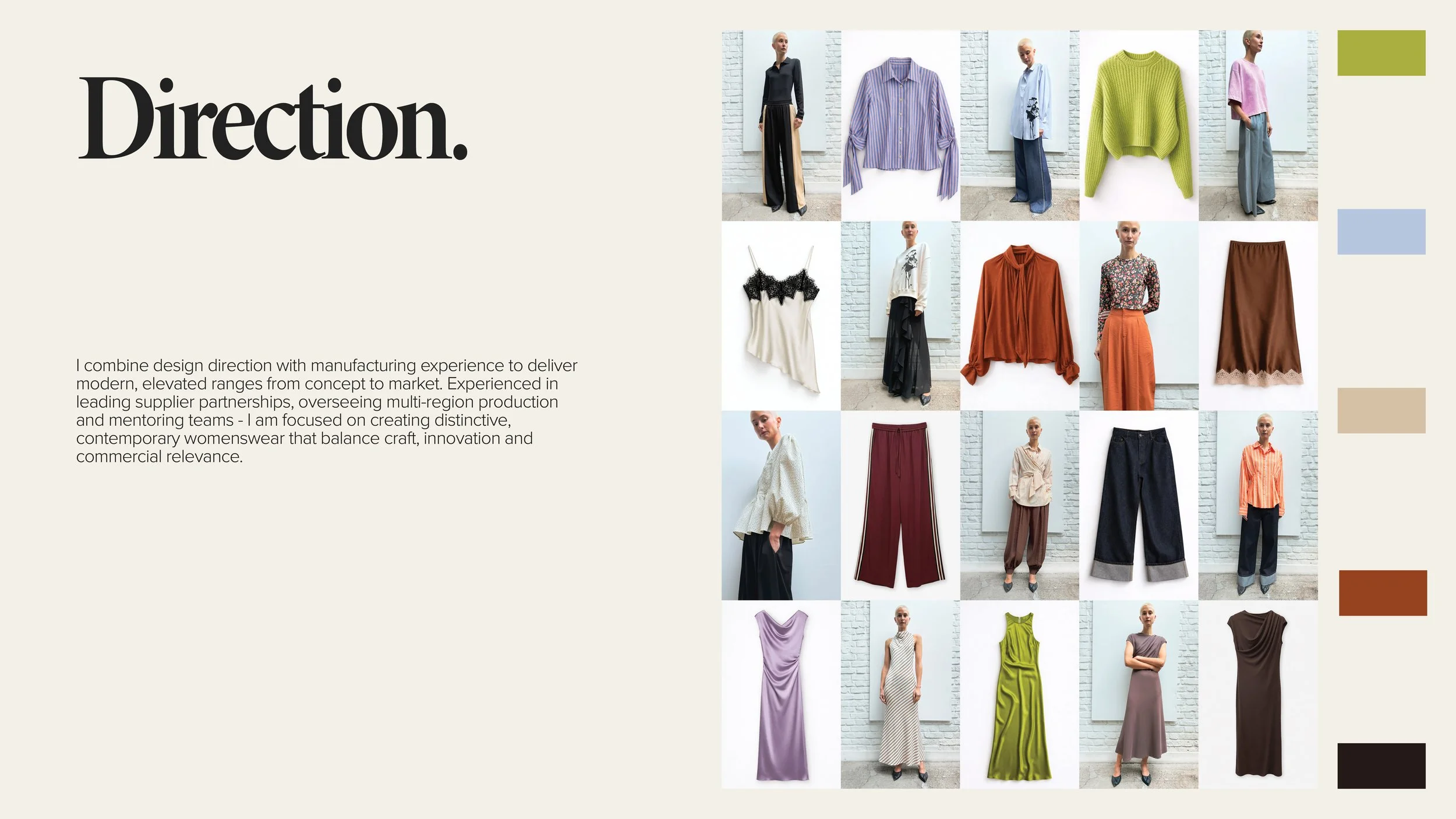 Collection of women's clothing outfits displayed on mannequin and hangers, with a color palette on the right. The left side has text about design direction and manufacturing experience in fashion.