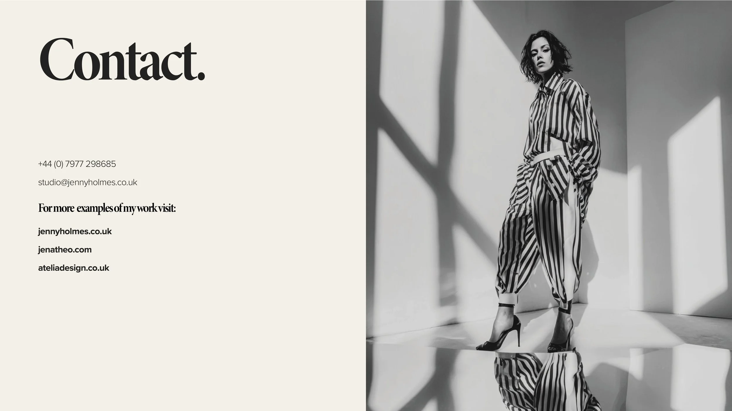 A contact page layout with a beige background on the left and a black and white fashion photograph of a woman in striped pants and blazer on the right. The page includes a phone number, email, and links to portfolio websites.