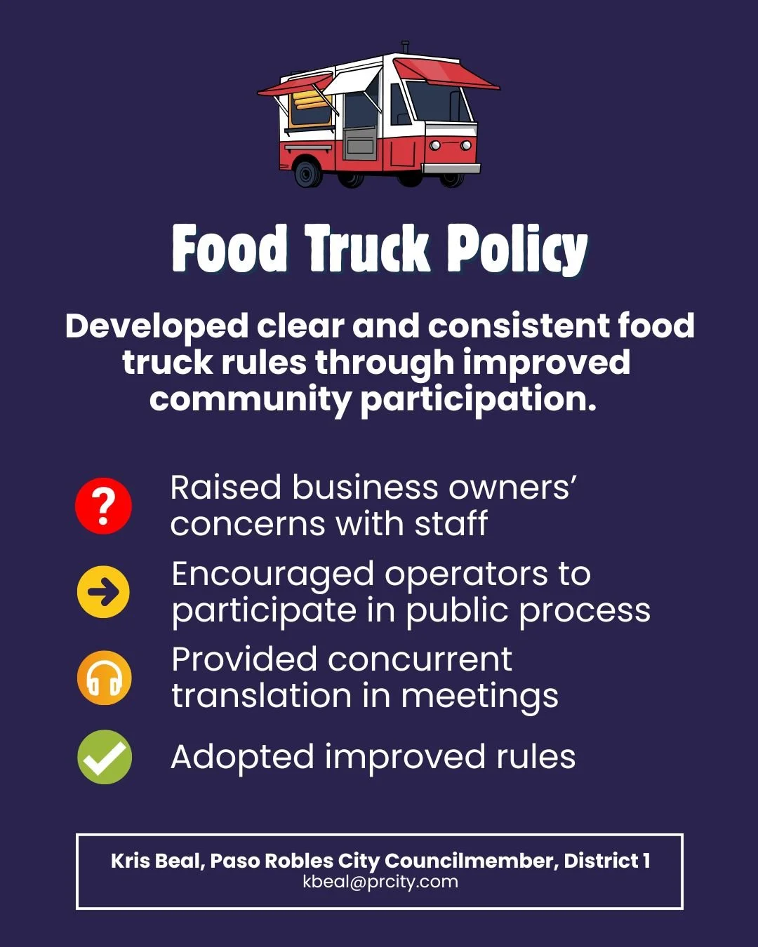 Graphic describing Kris Beal's results in engaging the community to create better food truck policies in Paso Robles.