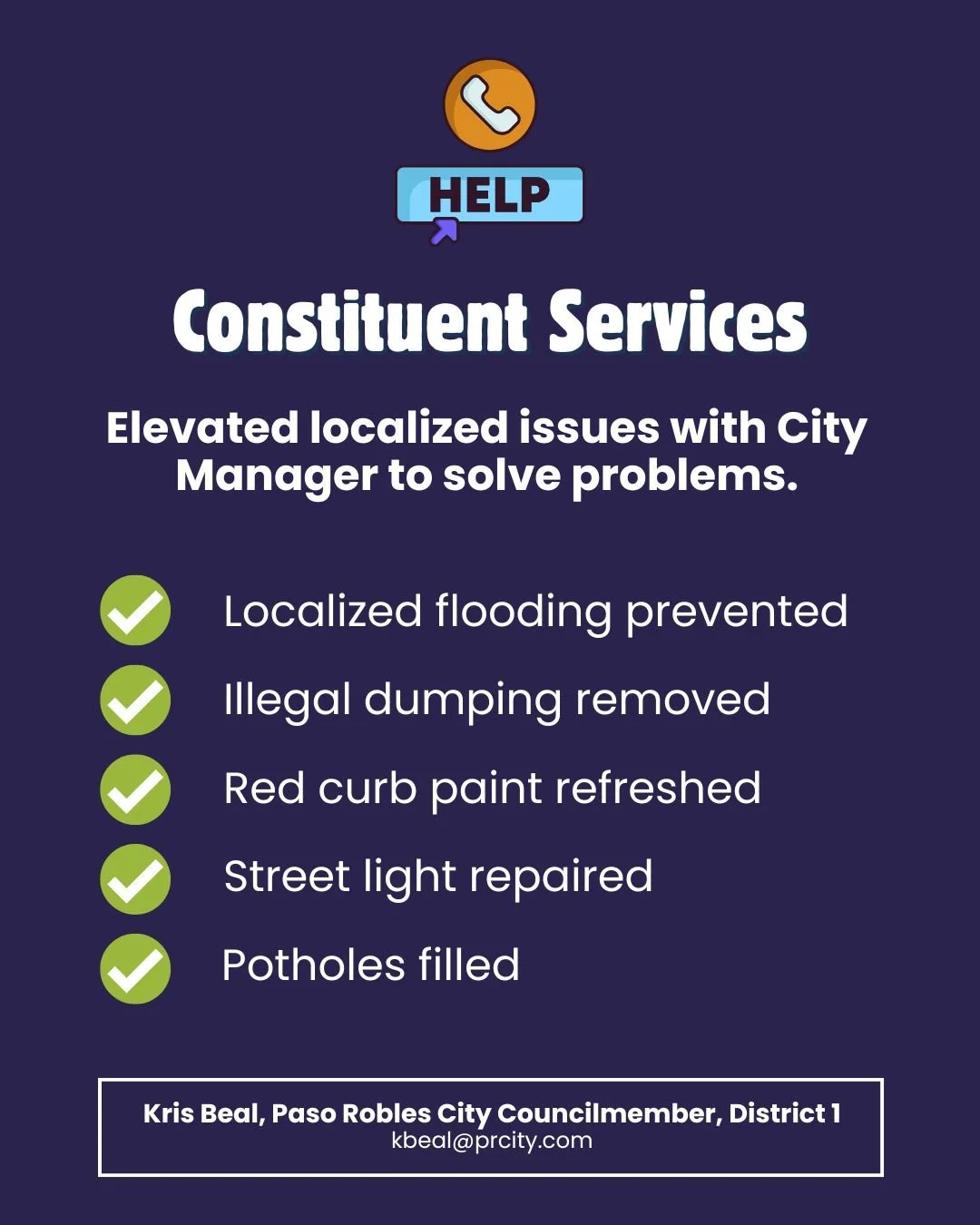 Graphic describing examples of Kris Beal's results in constituent services in Paso Robles - helping residents solve problems.