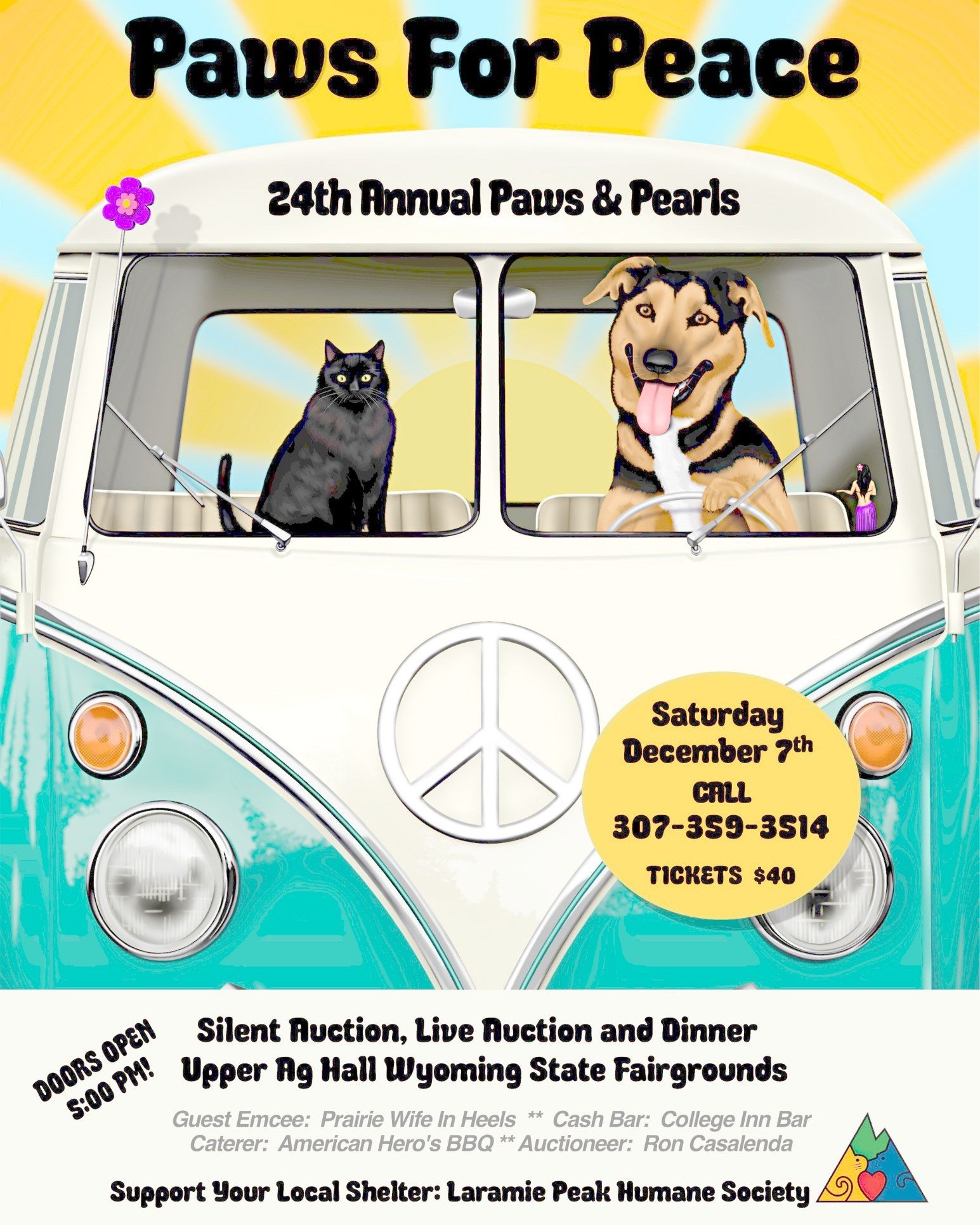 Our 24th annual Paws and Pearls event is THIS SATURDAY 🫨
We have a groovy theme of Paws for Peace ☮️ And all of the proceeds benefit the dogs and cats in our care!
📅 Saturday December 7th 
🕛 Doors open at 5pm
📞 Call 307-359-3514 to get your ticke