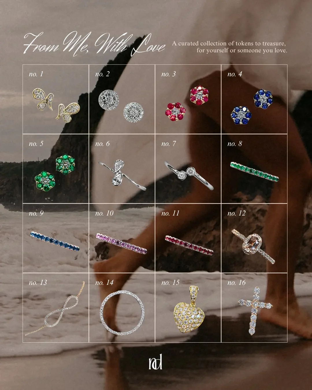 A collection of 16 different jewelry tokens arranged in a grid with descriptions. The collection includes earrings, rings, a pendant, and a cross, each adorned with colorful gemstones or diamonds, designed for gifting or personal keepsake.