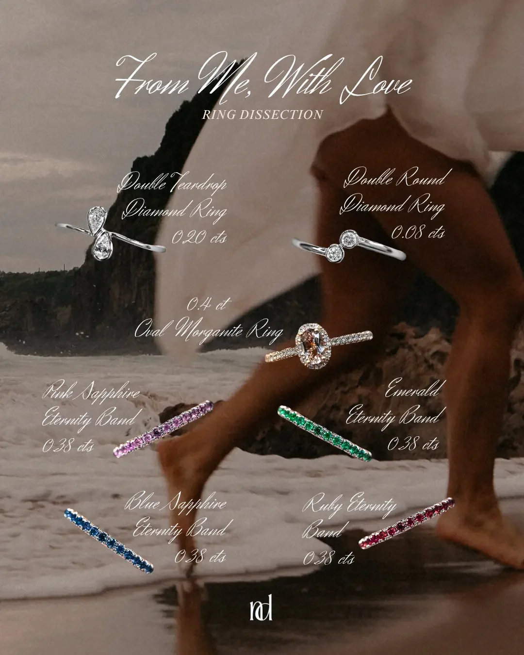 A woman barefoot on a beach holding her foot up, displaying various rings with diamonds and colored stones. Text overlays describe the rings' details, including types, cut, carats, and stone counts.