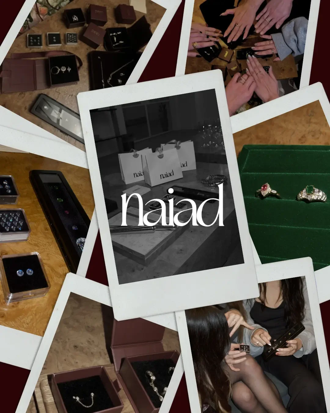 Collage of images showcasing jewelry, including rings and earrings, with people browsing and trying on jewelry at a store or event. The central photo features a display with the brand name 'naiad' and shopping bags.