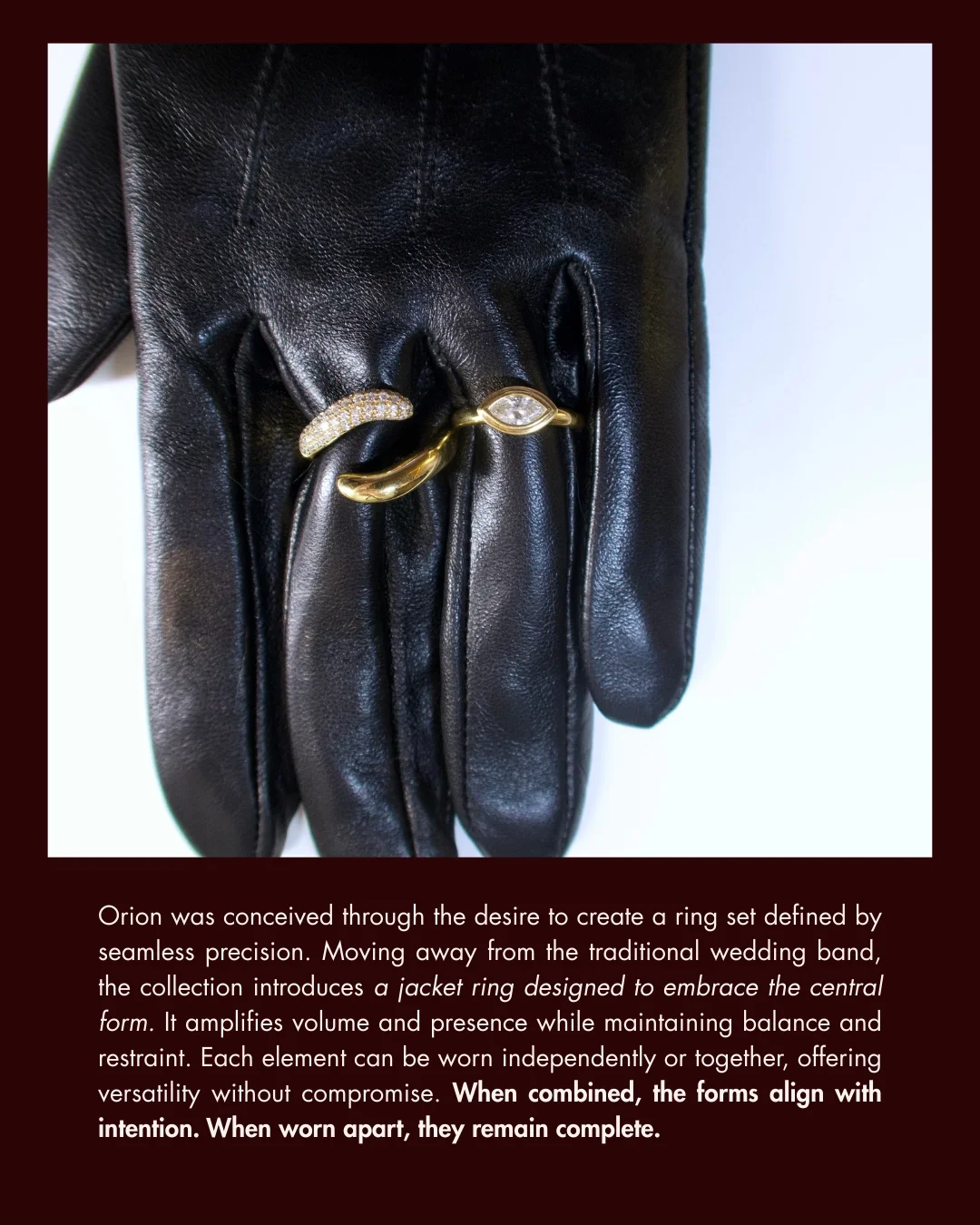 Black leather glove with gold and diamond rings placed on top of it.