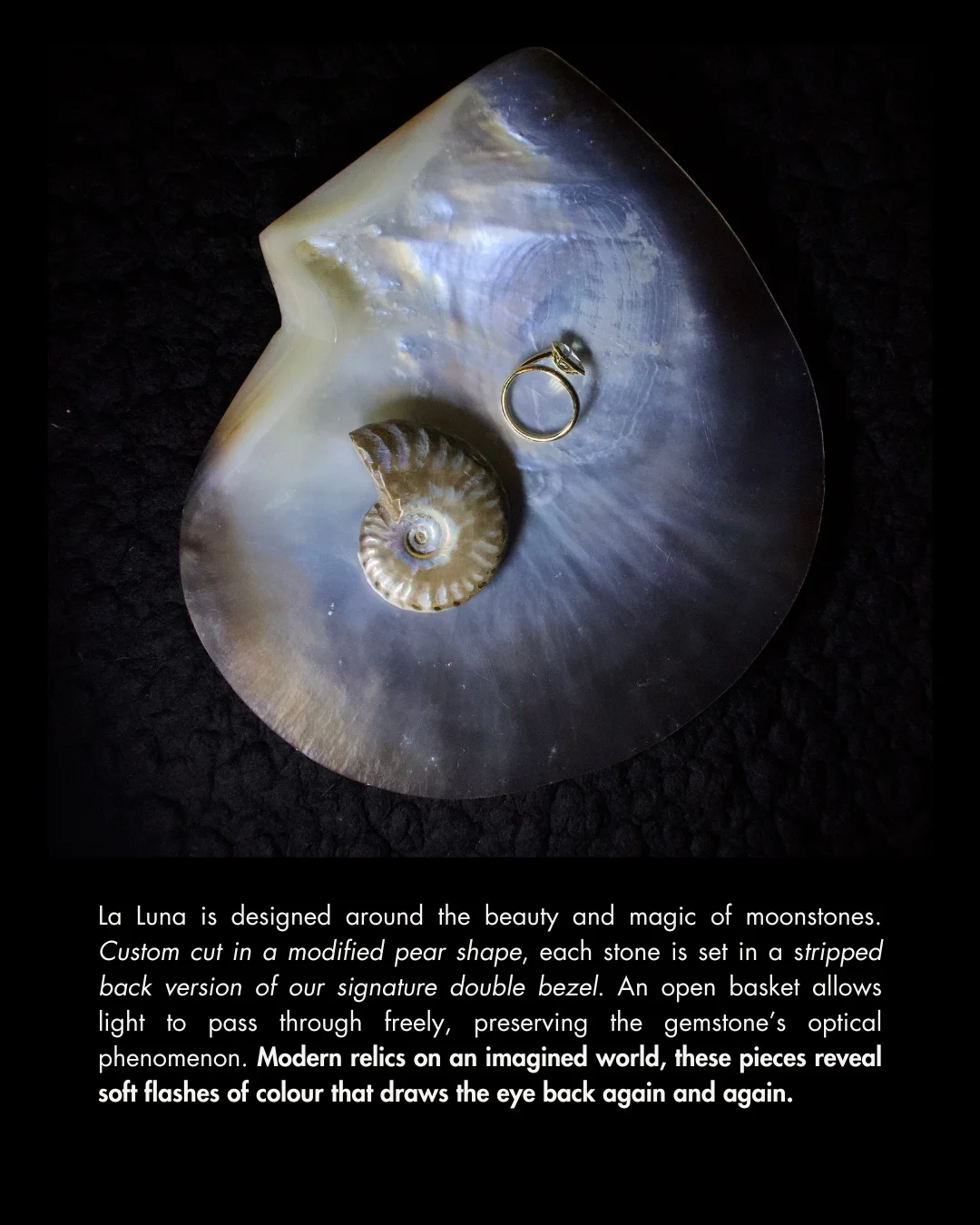 A pearl shell with an engagement ring inside, set on a black background, accompanied by descriptive text about moonstones and jewelry design