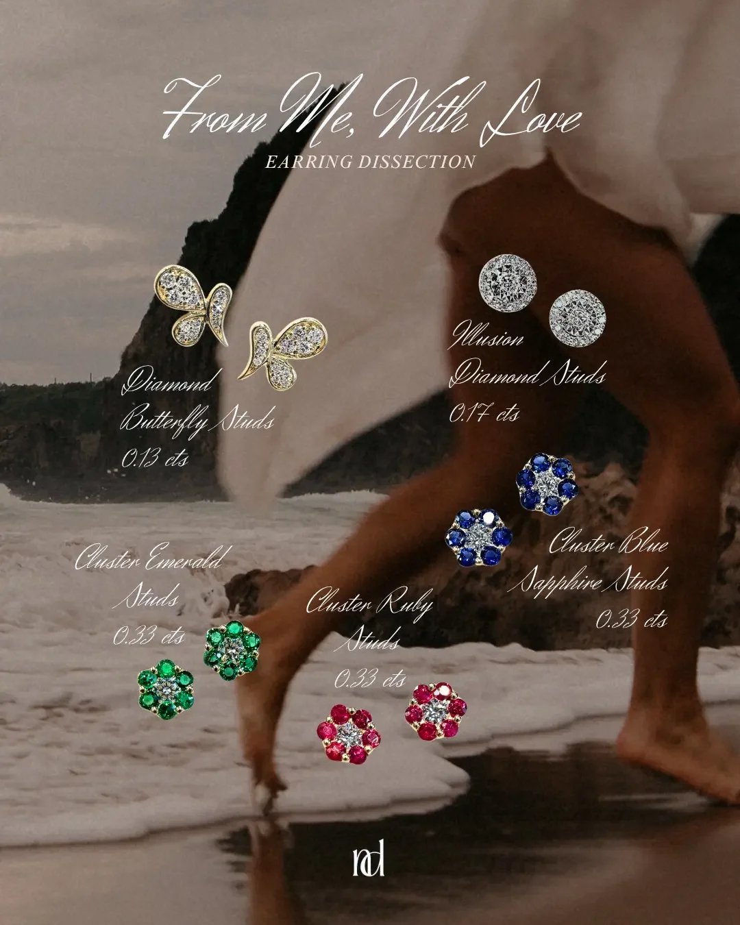 Jewelry catalog featuring butterfly and floral earrings with diamond, sapphire, emerald, and ruby accents, over a beach scene background.