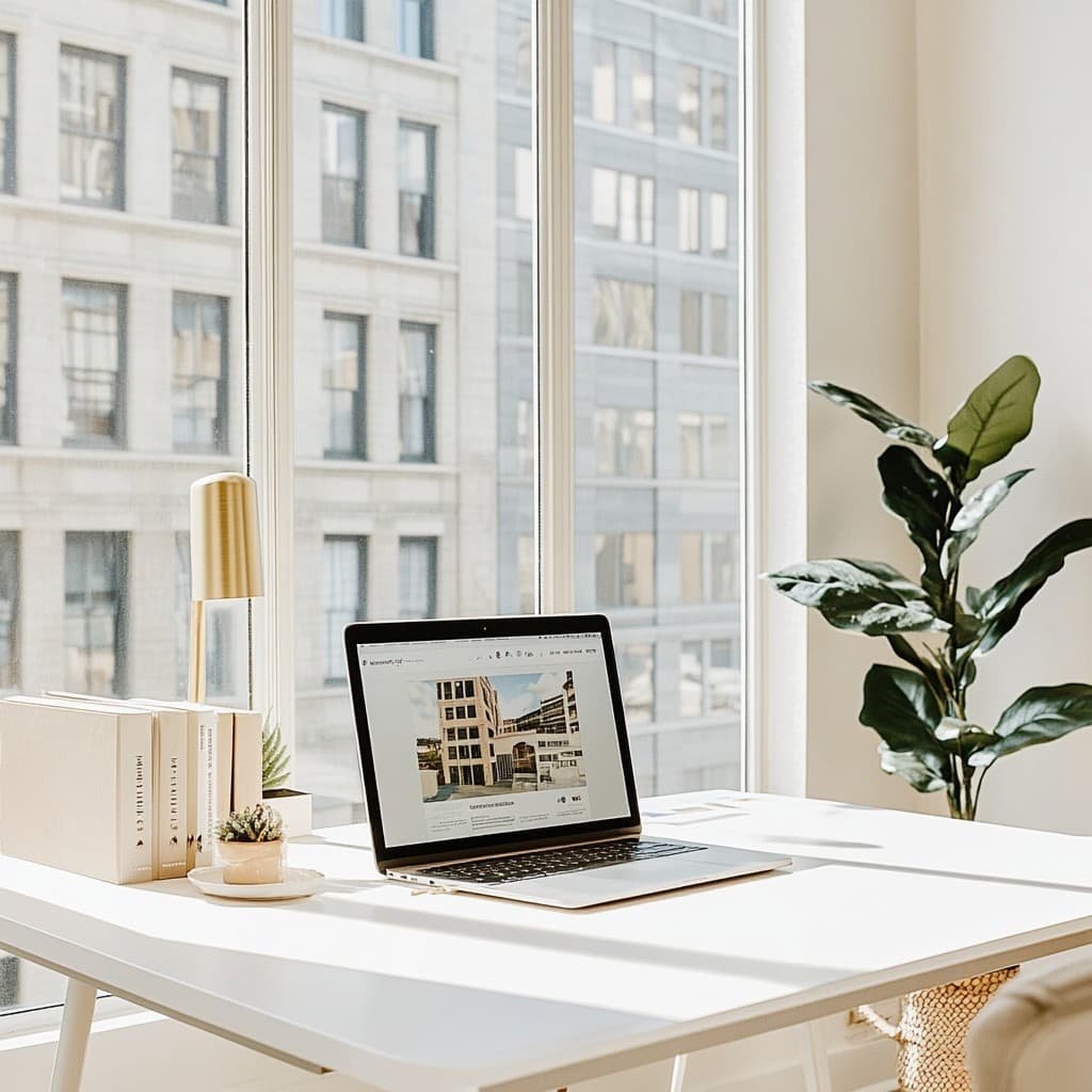 A white desk with a laptop displaying a building image, a stack of books, a small potted plant, and a gold desk lamp in front of large windows showing an urban building outside.
