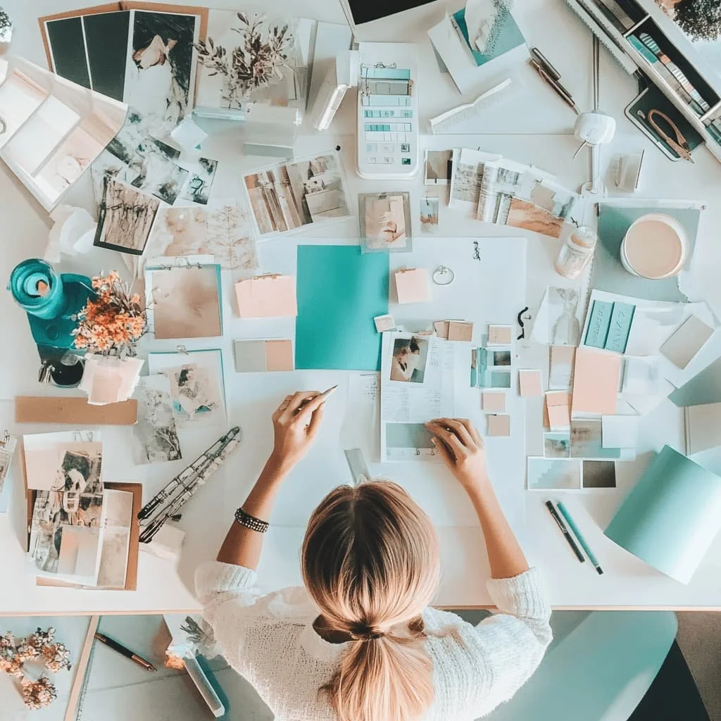 Top-down view of a cluttered desk with photographs, color swatches, notebooks, pens, bottles, a calculator, and a person's hands working on a project