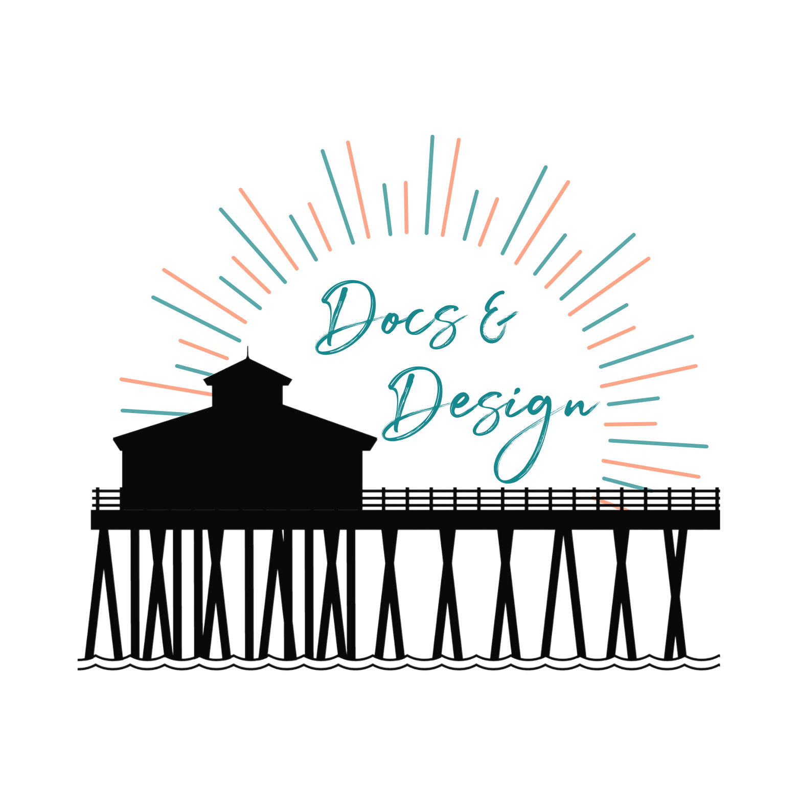 Silhouette of a pier with a building on stilts against a rising sun with radiating lines, with text reading 'Docs & Design' over the scene.