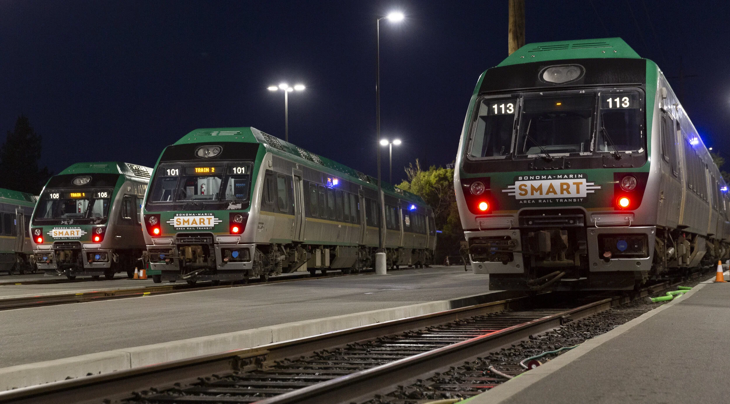 Trains lined up in rows prepared to run the weekend schedule on Jan. 5, 2020, in Santa Rosa, CA. (Photo: Genesis Botello)