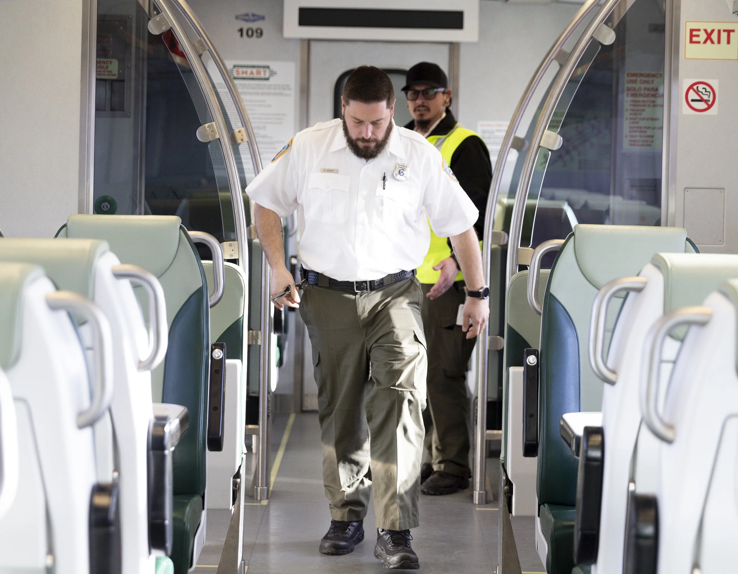 Joseph Torrigino-Baca (back) and Ryan Aranda (front) walking to the other side of the train on Sunday, Jan. 5, 2020. (Photo: Genesis Botello)