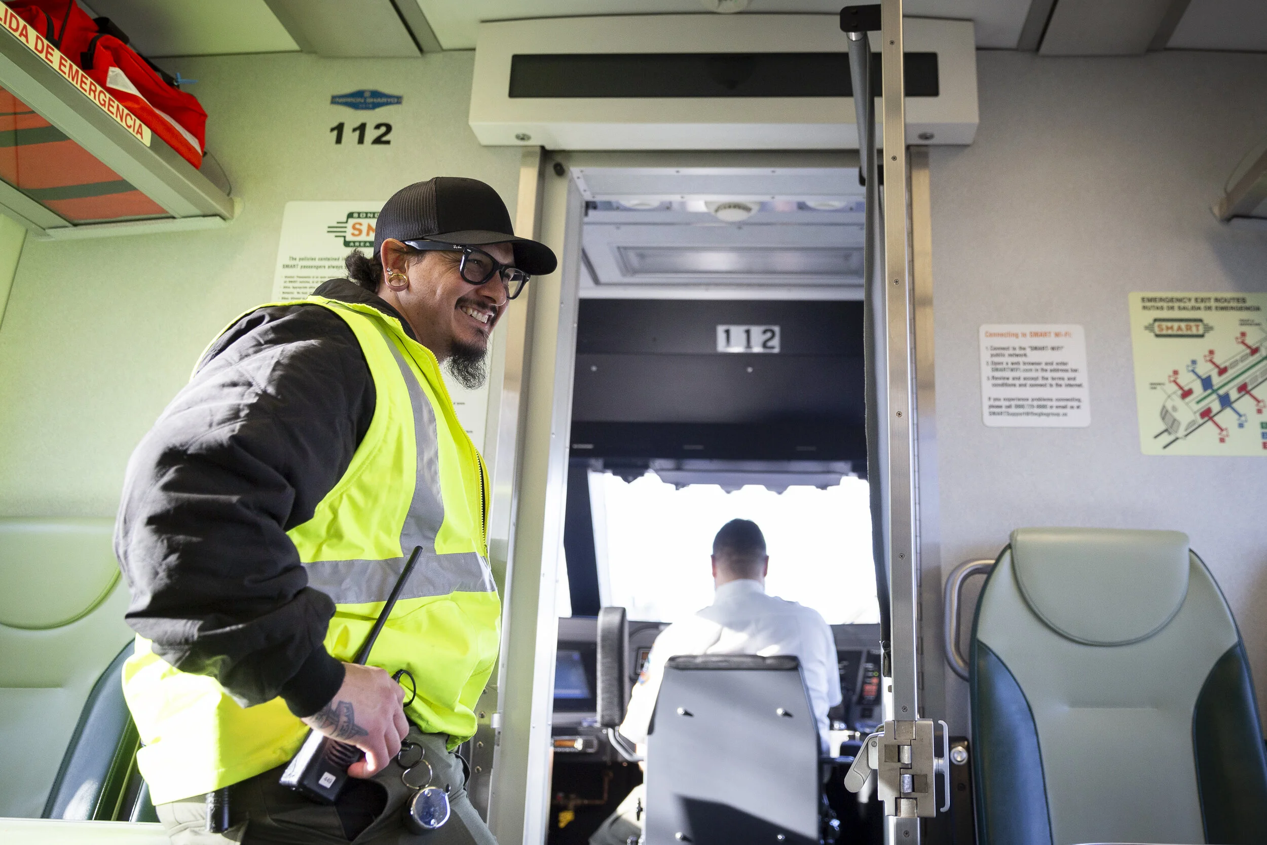 Joseph Torrigino-Baca (left) and Ryan Aranda (right) running the train into the yard on Sunday, Jan. 5, 2020. (Photo: Genesis Botello)
