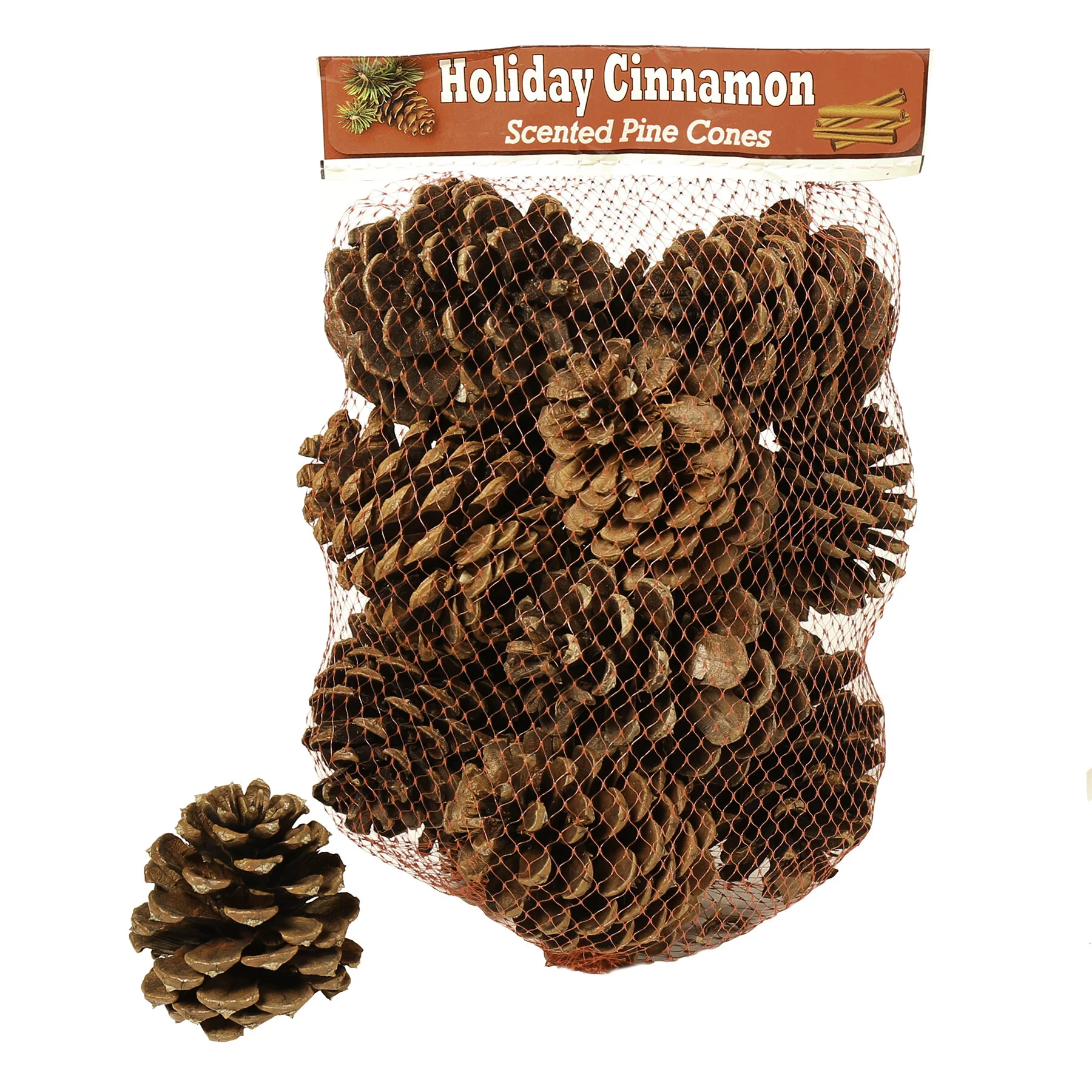 A clear plastic mesh bag filled with brown scented pine cones labeled "Holiday Cinnamon Scented Pine Cones" with a few pine cones outside the bag.
