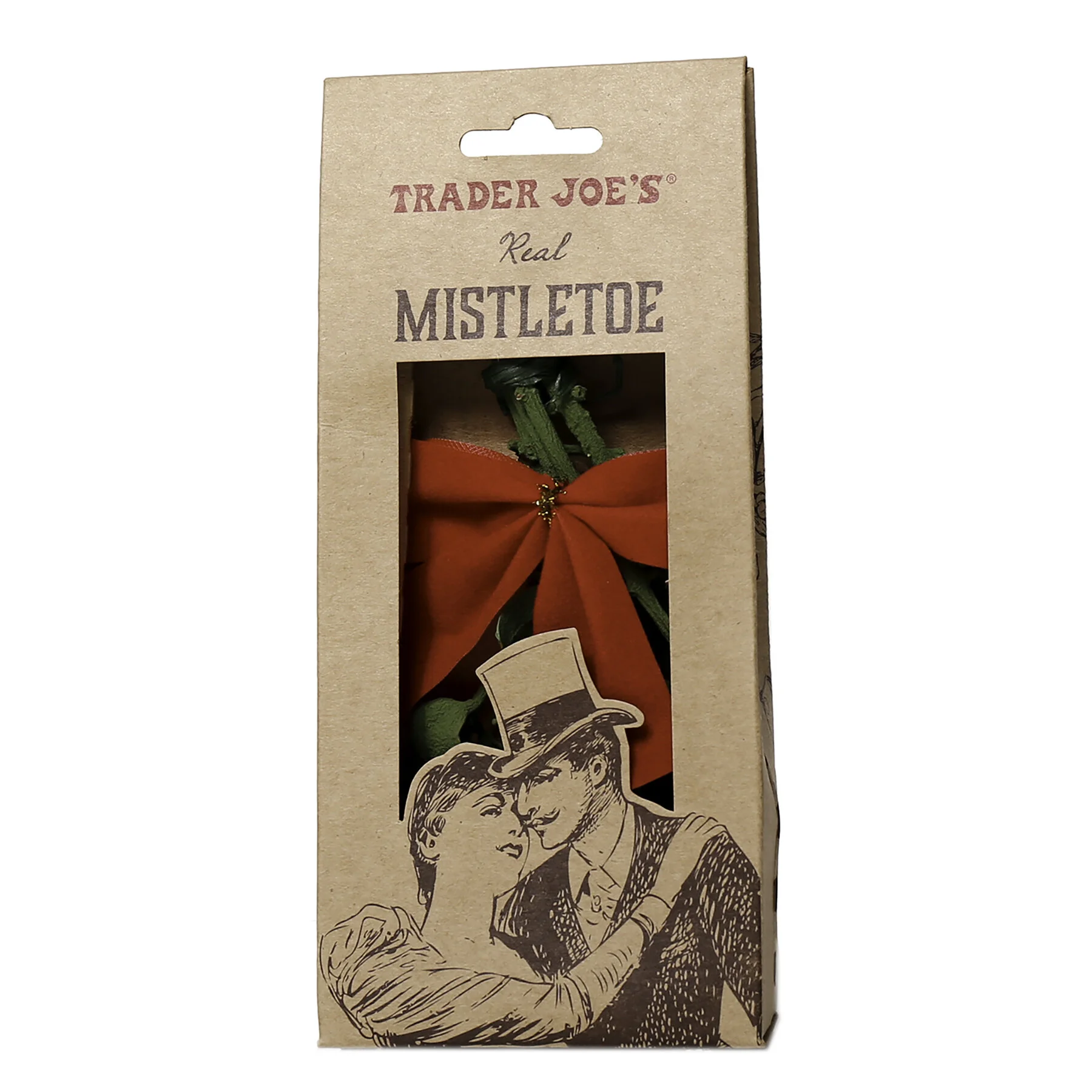 Box of Trader Joe's real mistletoe with a red bow and vintage illustration of a man and woman.