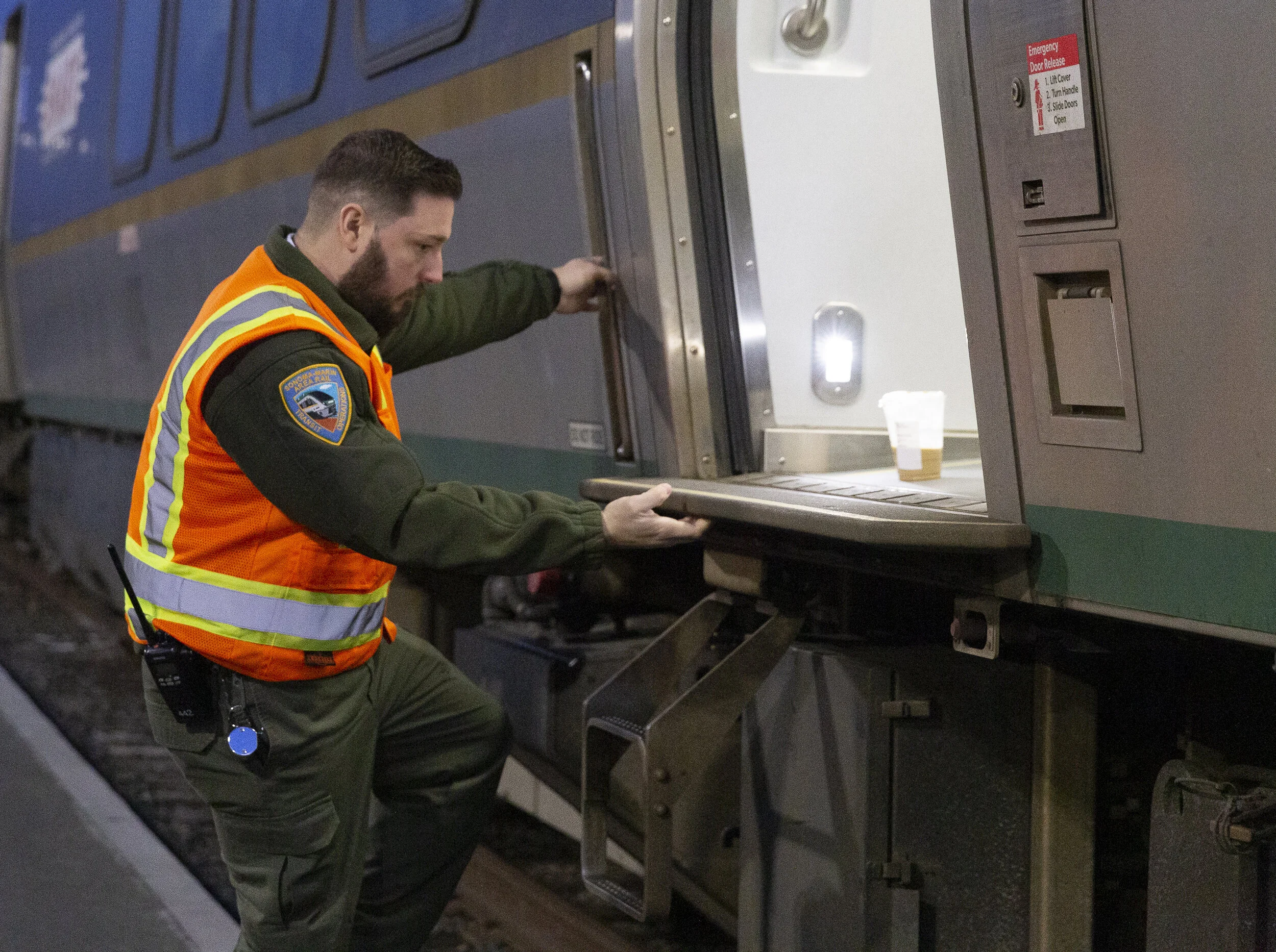 Ryan Aranda boarding the train on Jan. 5, 2020, in Santa Rosa, CA. (Photo: Genesis Botello)