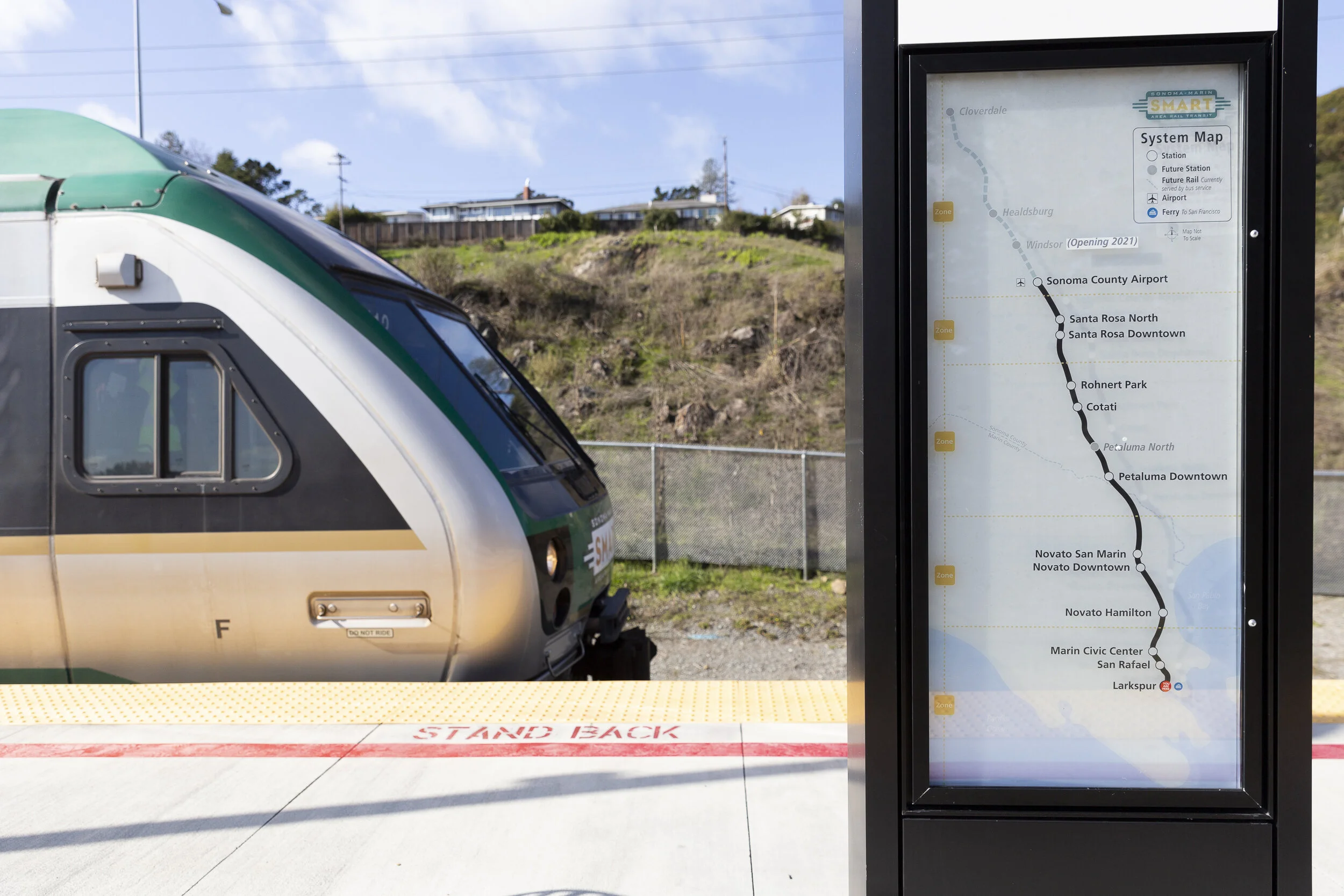 SMART train arrives at the Larkspur station on Sunday, Jan. 5, 2020, in Larkspur, CA. (Photo: Genesis Botello)