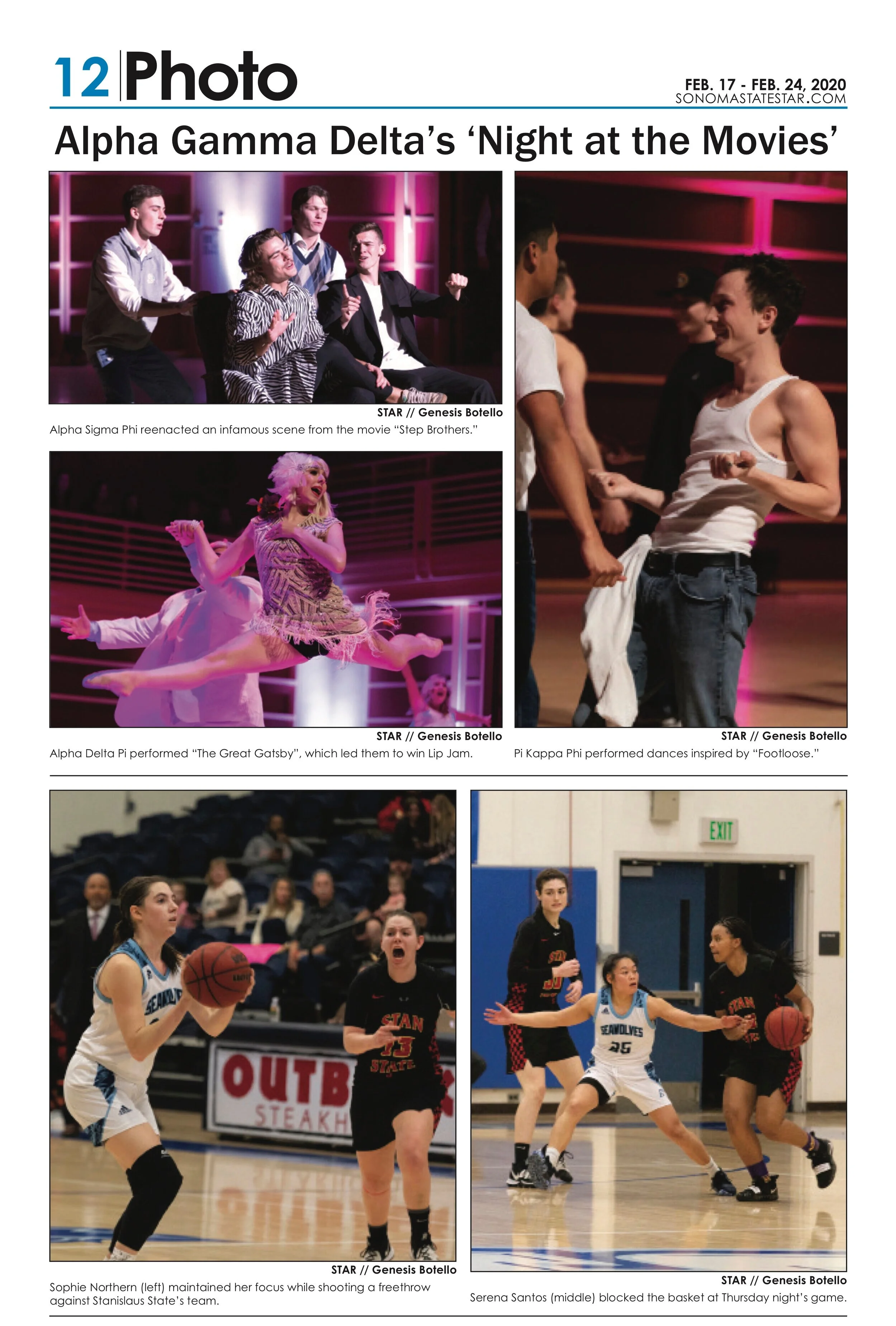 A collage of five images from a theatrical performance and a basketball game. The top section shows scenes from a play, including actors on stage, with one person performing a dance inspired by the movie "Footloose." The bottom section depicts female