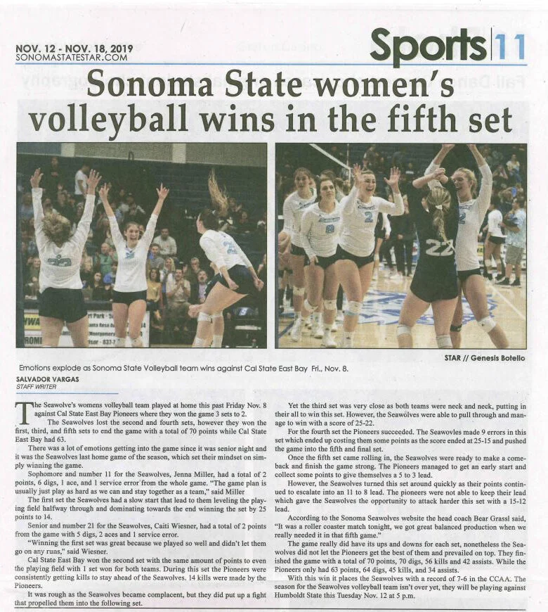 Newspaper article titled 'Sonoma State women's volleyball wins in the fifth set' from November 12-18, 2019, featuring two photos of volleyball players celebrating on the court after a match.
