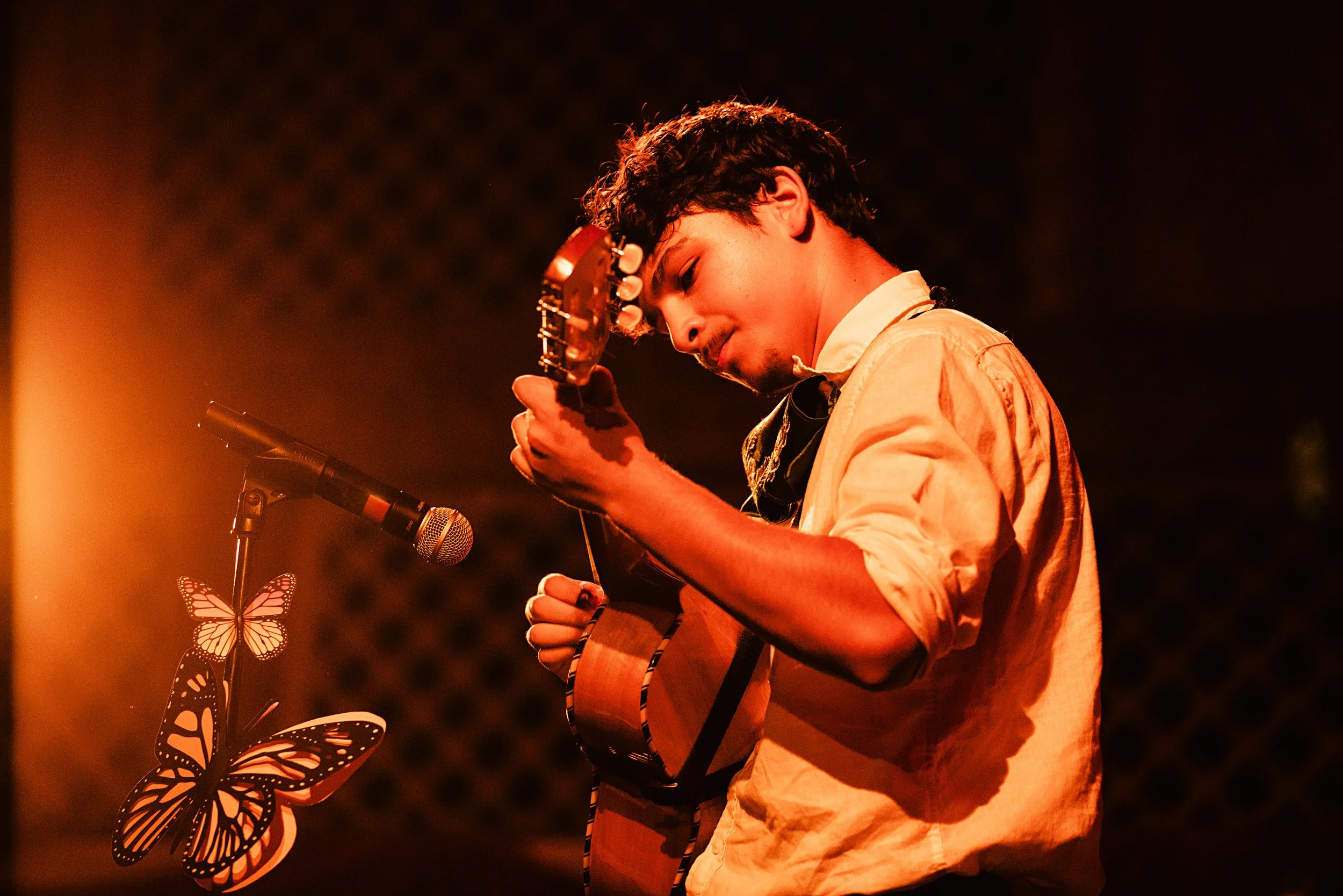 A young man playing an acoustic guitar on stage, with butterflies and a microphone nearby, in warm stage lighting.