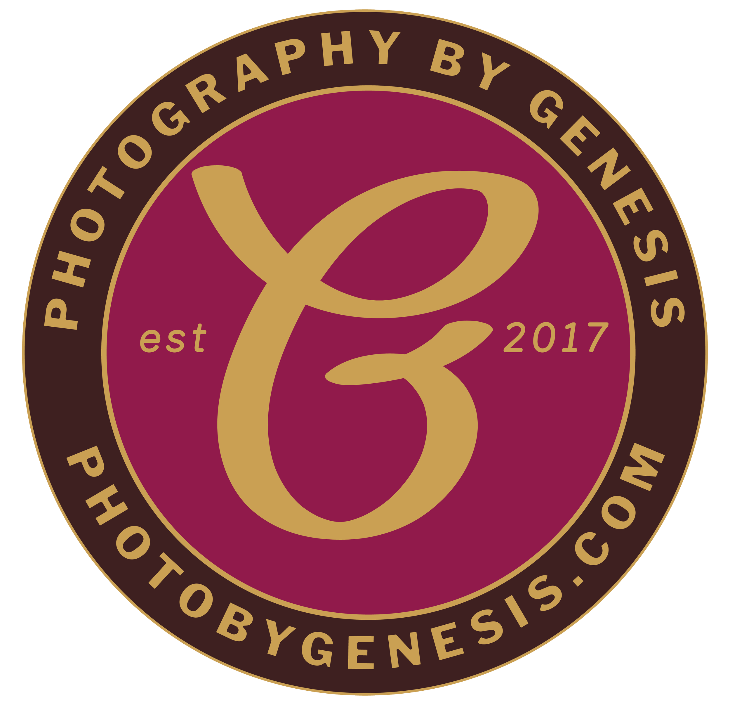 Logo of 'Photography by Genesis,' established in 2017, featuring a large stylized gold 'g' on a maroon background, with the website 'photobygenesis.com' and a surrounding brown border with gold text.