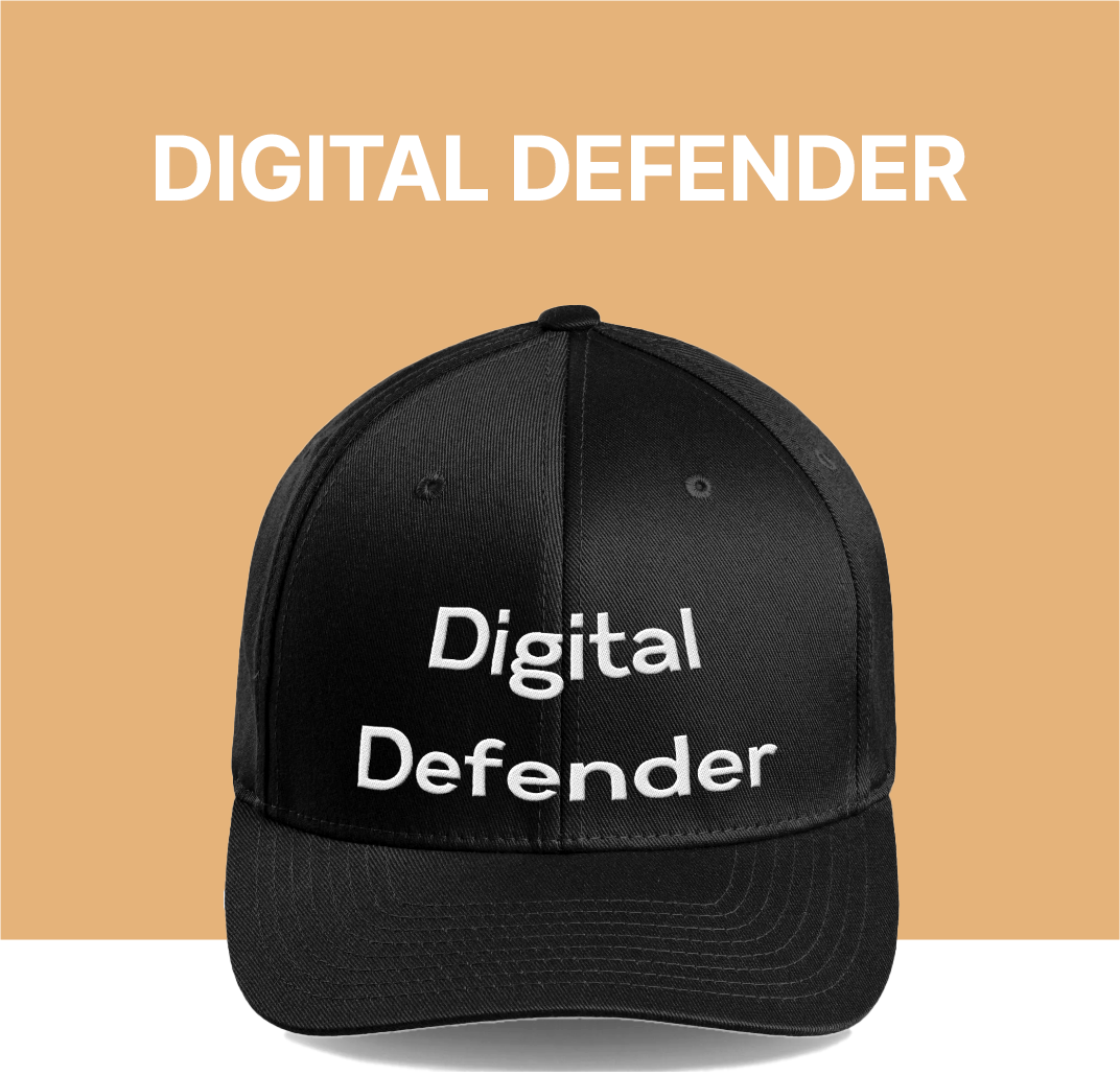 A black baseball cap with the words "Digital Defender" embroidered in white on the front. The background features a beige rectangle with the words "Digital Defender" in white capital letters.