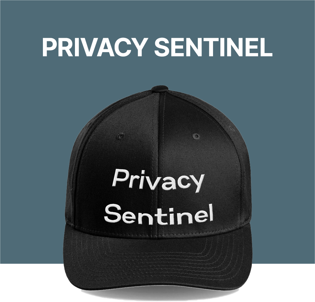 Black baseball cap with white text that reads 'Privacy Sentinel' against a blue background.
