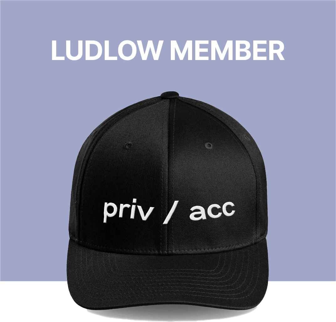 Black baseball cap with white text reading 'priv / acc' on the front, against a background with blue and gray sections and the words 'Ludlow Member' at the top.
