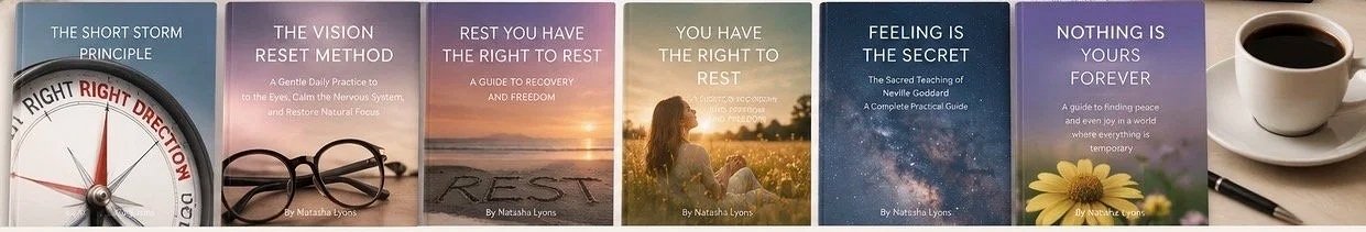 Collection of seven book covers about meditation, rest, and inner peace, featuring titles like 'The Short Storm Principle' and 'Feeling is the Secret.'