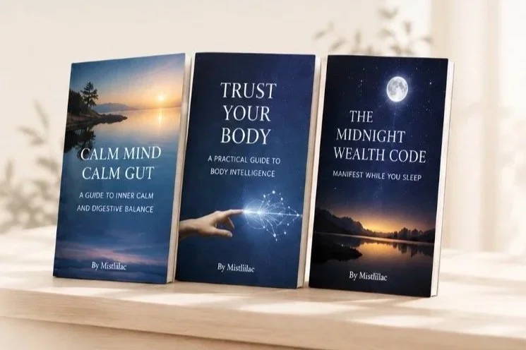 Three books standing upright on a light wooden surface. The first book is titled 'Calm Mind Calm Gut' with a serene lakeside sunset cover. The second book is titled 'Trust Your Body' with a starry night sky cover. The third book is titled 'The Midnight Wealth Code' with a moonlit night and lake scene cover.