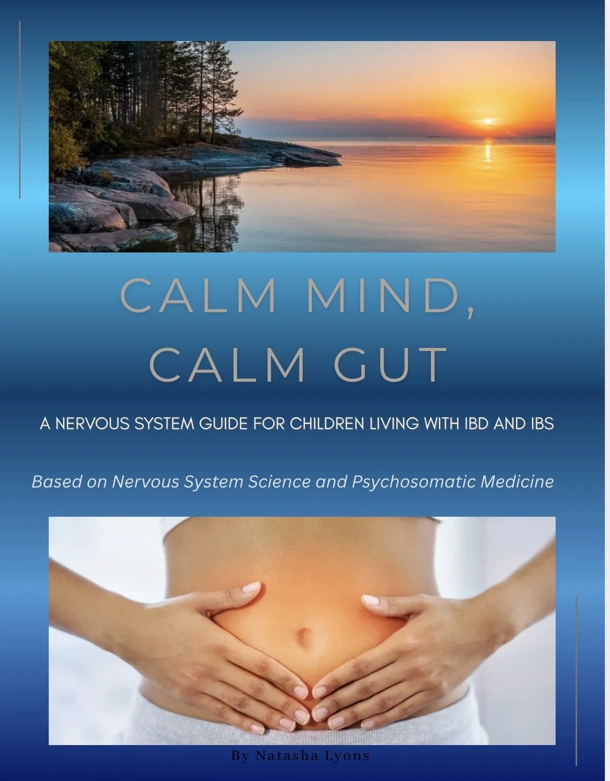 Book cover titled "Calm Mind, Calm Gut" with a sunset over a calm lake and a close-up of a person holding their stomach.
