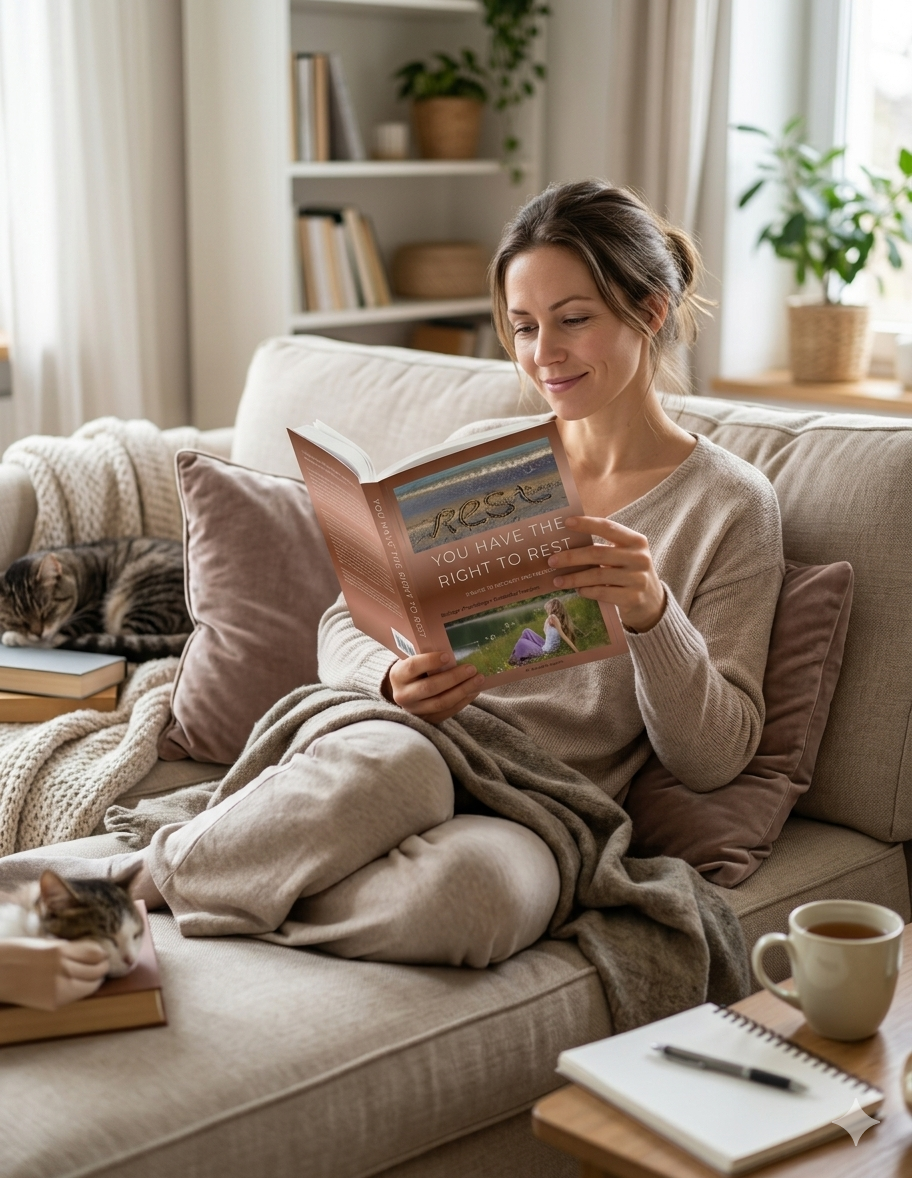 A woman sitting on a beige couch reading a book titled 'You Have the Right to Rest'. She has brown hair tied back, is wearing a beige sweater, and is smiling. There are two cats, one black and white sleeping on a book on the couch and another tabby lying on a wooden tray. Behind her, a bookshelf with plants and books, and a window with white curtains are visible. A cup of tea, a notebook, and a pen are on a small wooden table beside her.