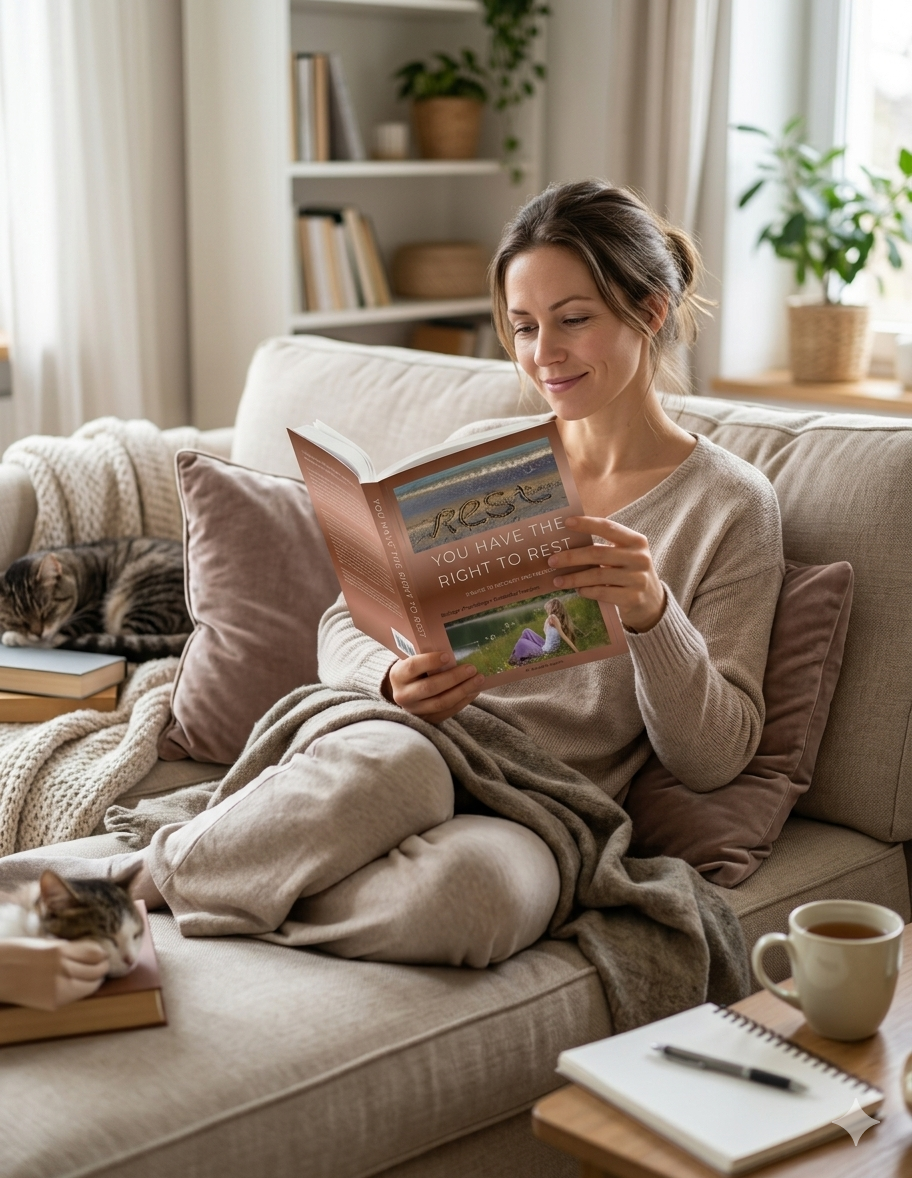A woman sitting on a beige sofa reading a book with a cover that says "You Have the Right to Rest". She is smiling and wearing a light grey sweater. Beside her are two cats resting on the sofa, one near her and the other near a stack of books. There is a cup of tea or coffee on a wooden table, along with a notebook and pen. The background includes a white bookshelf with books and decorative items, a window with curtains, and some potted plants.