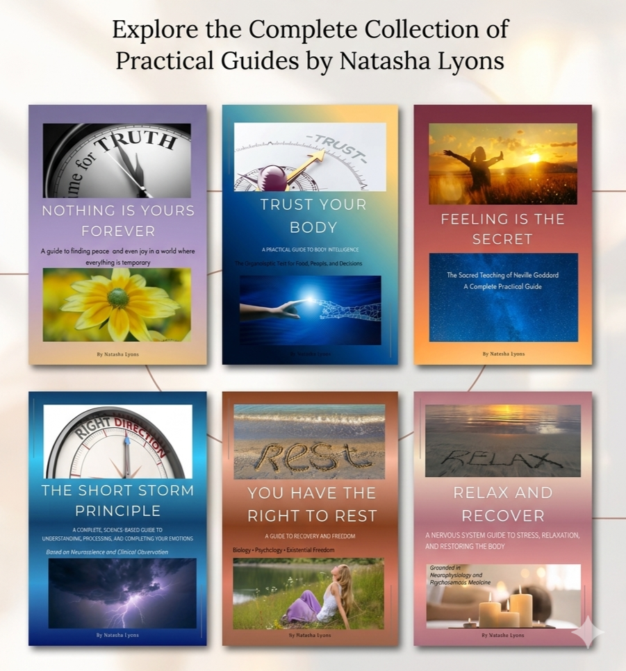 Display of six book covers by Natasha Lyons related to practical guides on trust, feeling, relaxation, and recovery arranged in a 3x2 grid.