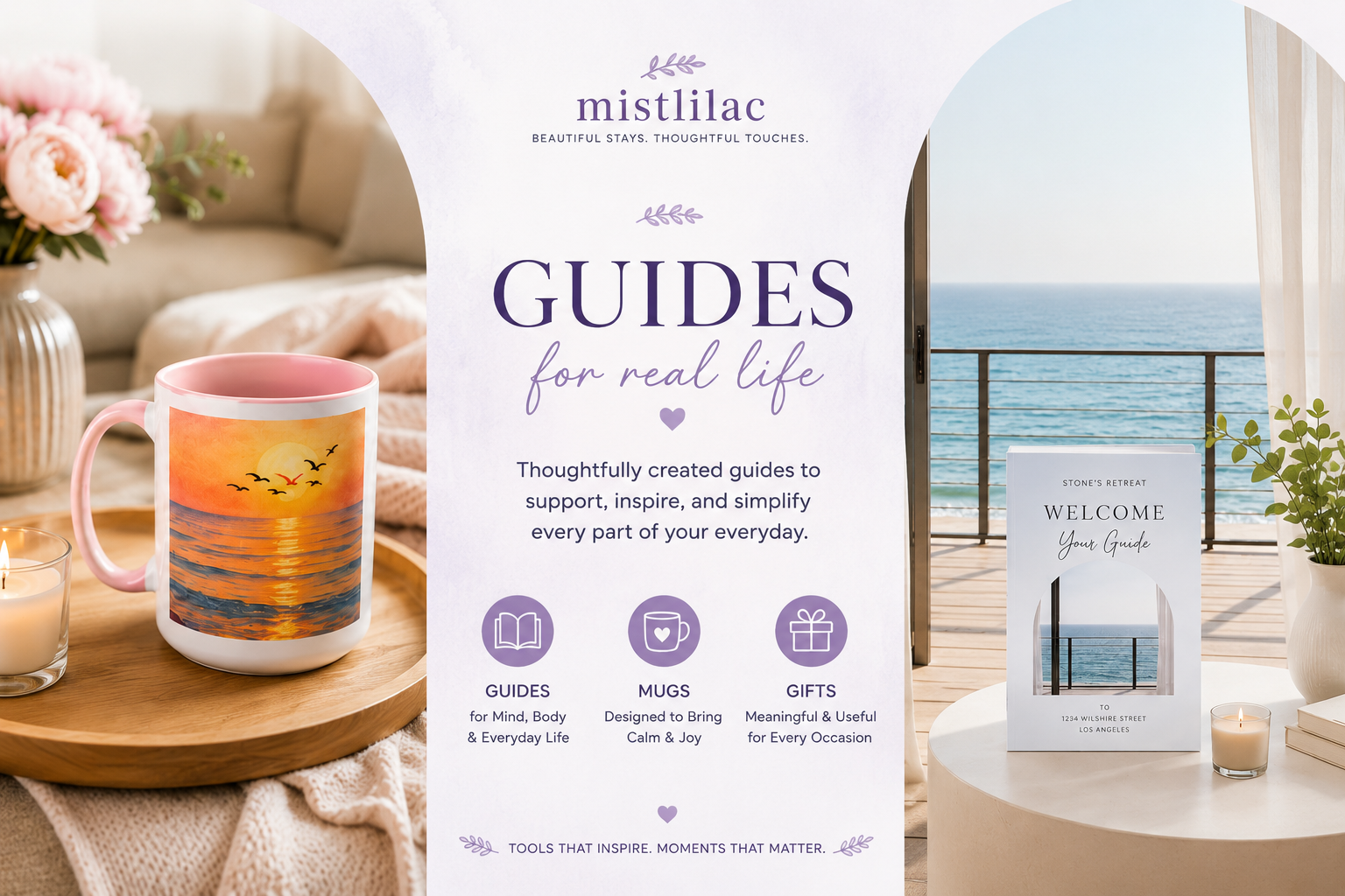 A promotional display for guides at a retreat, showing a pink mug with a sunset and birds over water, a candle, and a welcome guide for the retreat with an ocean view in the background.