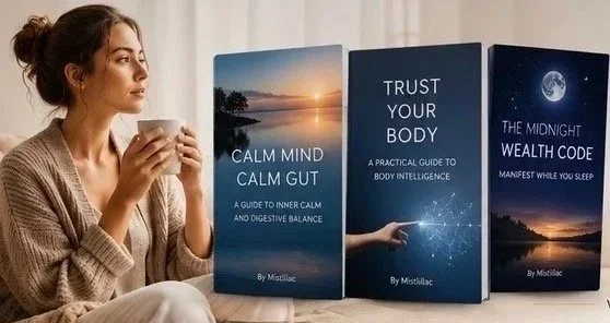 A woman sitting on a couch holding a mug and looking at three books about mental health and body intelligence.