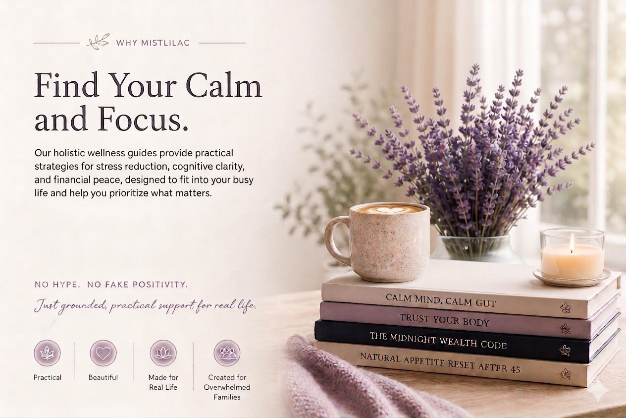 An open wellness guide with purple lavender flowers, a cup of coffee with foam art, a lit candle, and a stack of books about calming mind and body, placed on a white surface near a window.