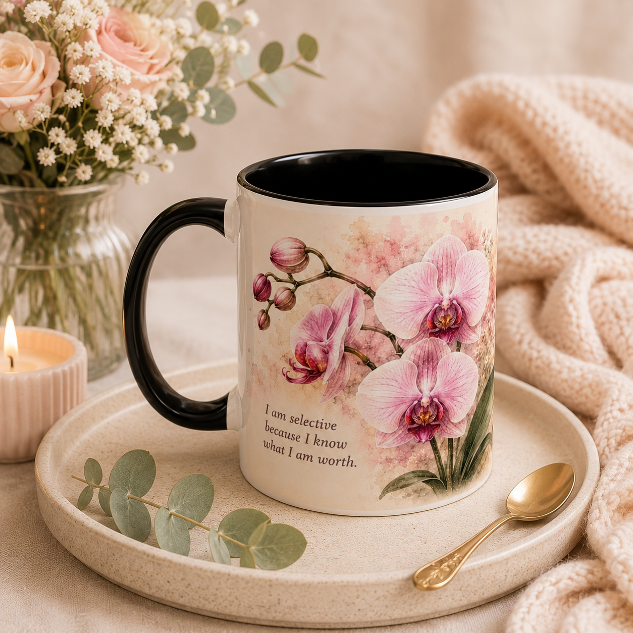 I am Selective Because I Know What I am Worth – Orchid Affirmation Mug