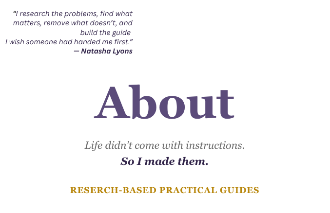 A motivational quote about research and life, with the word 'About' prominently displayed, and a subtitle 'Research-Based Practical Guides' in yellow at the bottom.