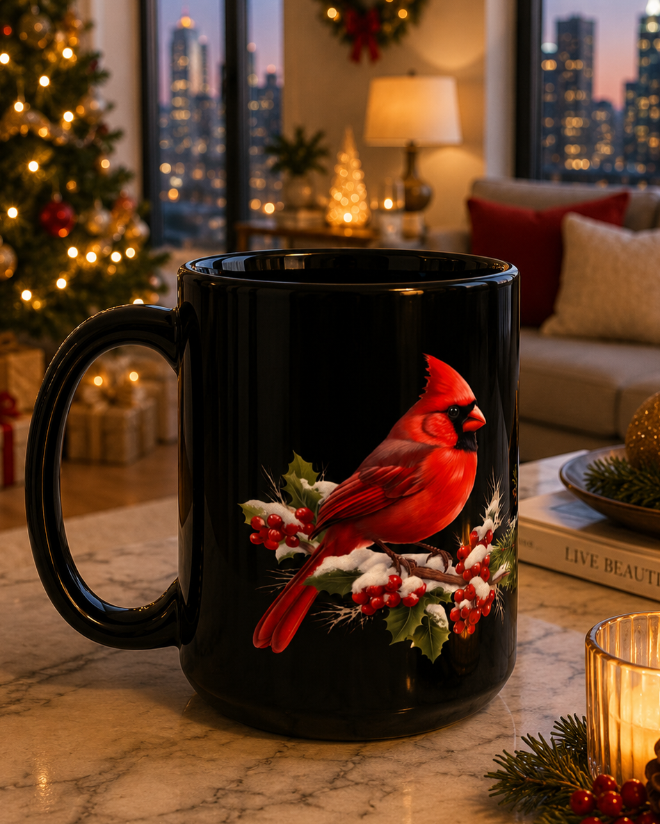 Red Cardinal Black Glossy Mug 15oz