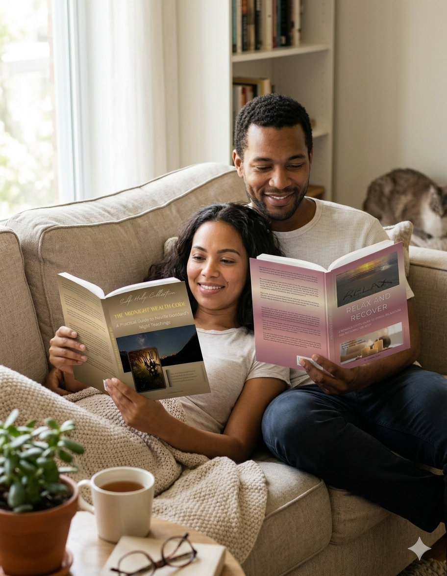 A man and woman sitting on a beige sofa, reading magazines together, with a bookshelf, a cat, a cup of tea, and glasses on a small table nearby.
