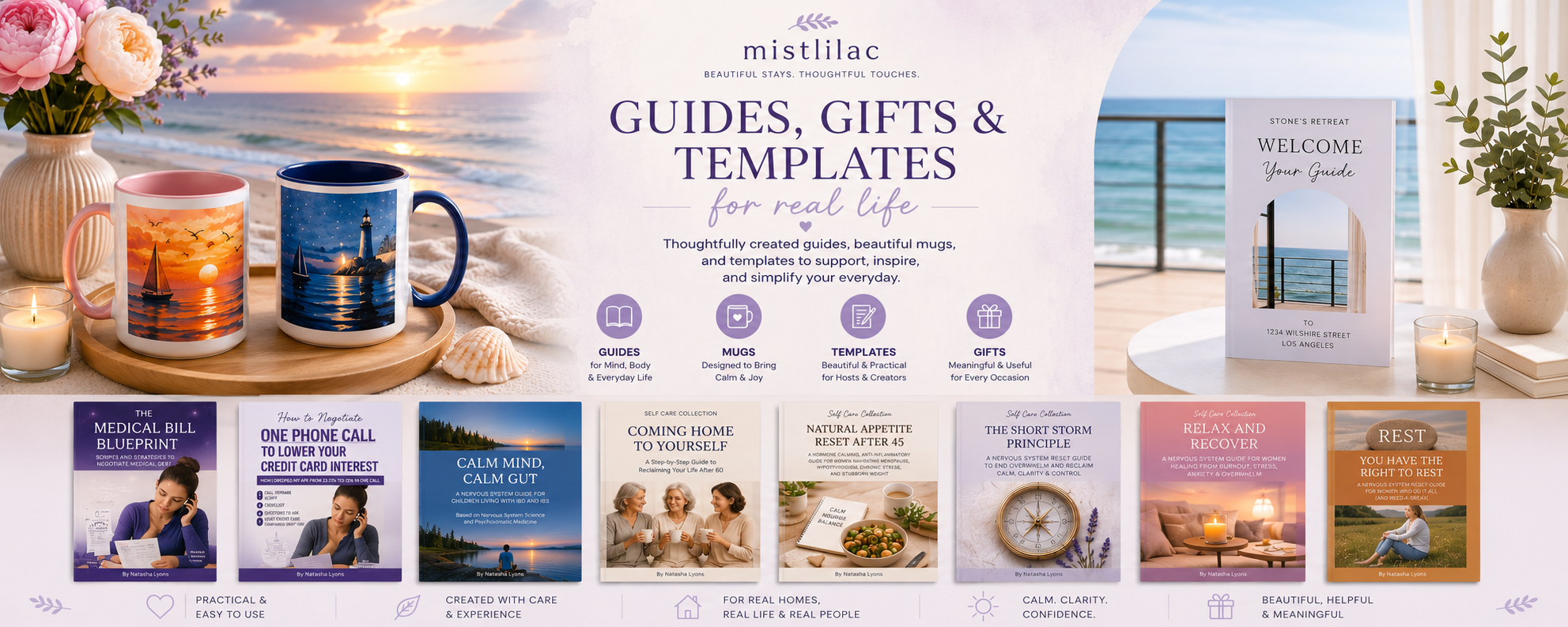 An advertisement for guides, gifts, mugs, and templates featuring coastal and sunset imagery with a beach scene, mugs, and guidebooks with titles related to self-care and mental health.